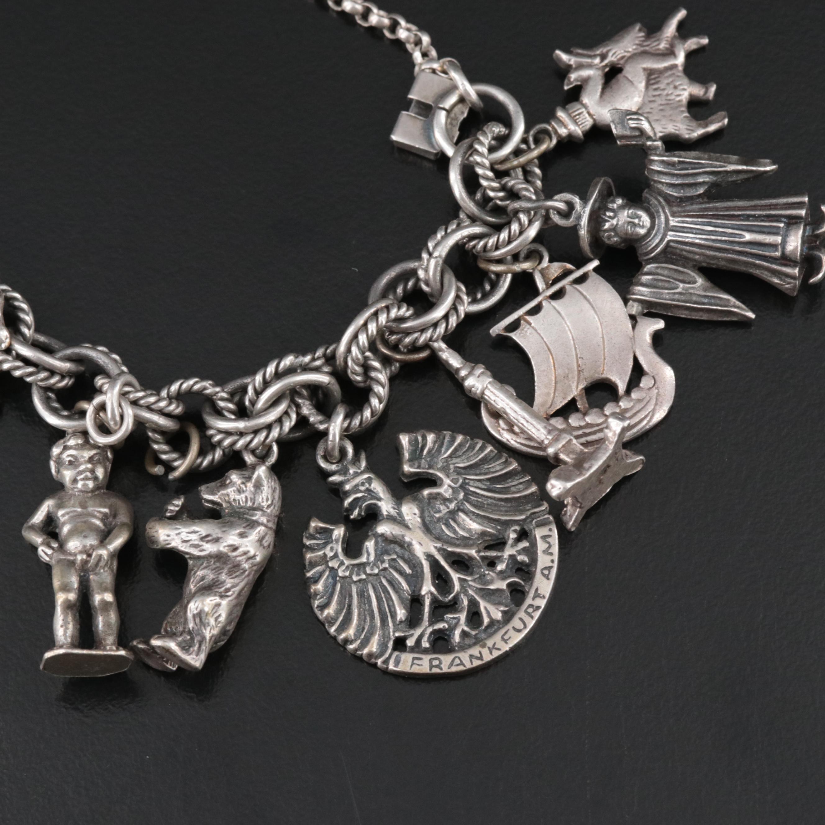 Vintage Travel Charm Bracelet Featuring 800 Silver
