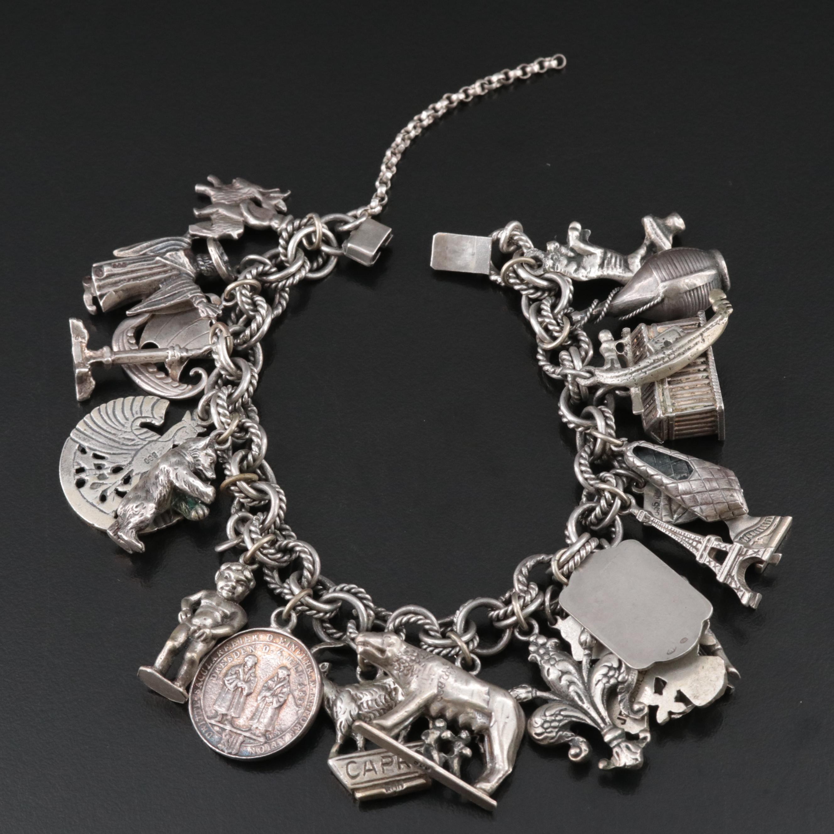 Vintage Travel Charm Bracelet Featuring 800 Silver