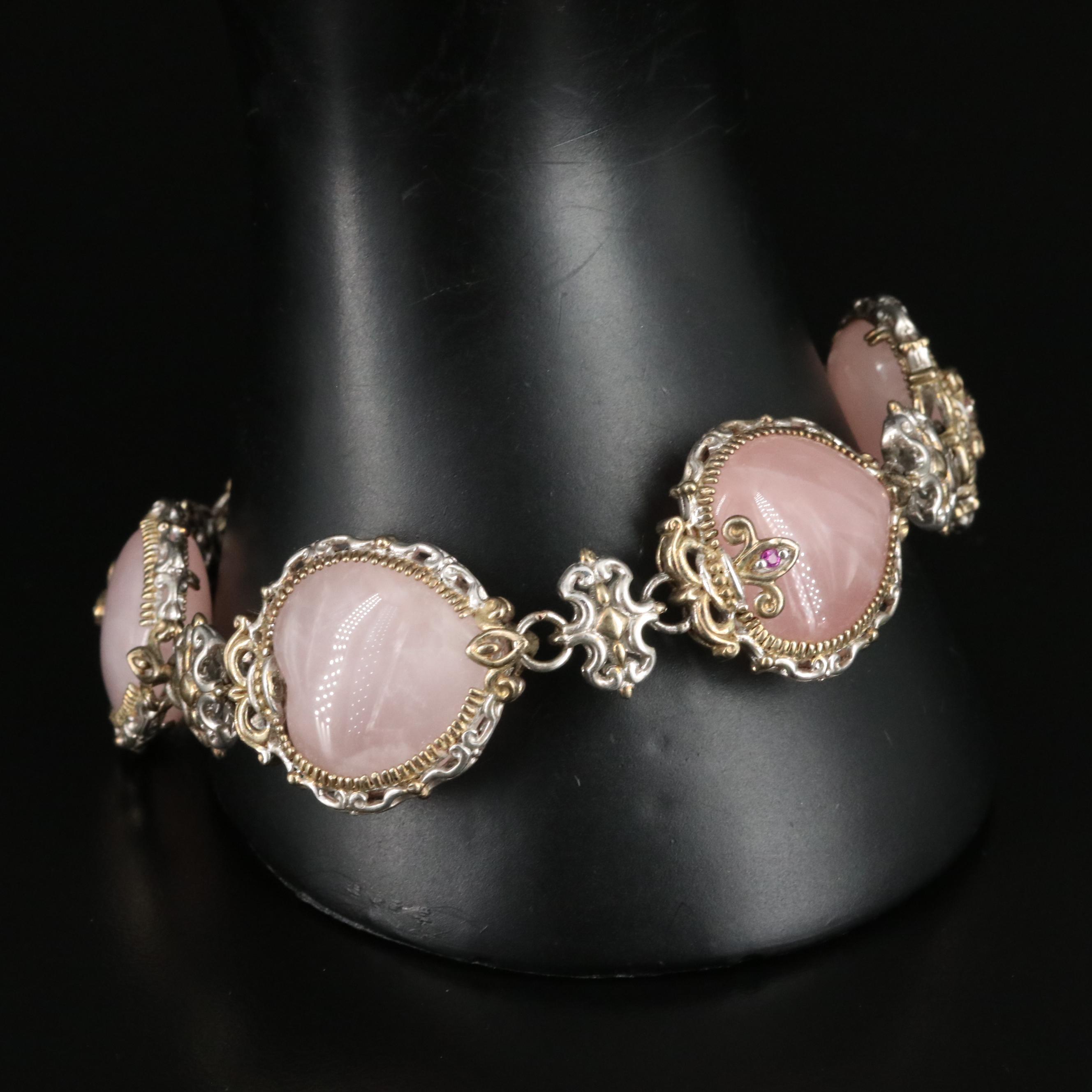 Sterling Rose Quartz and Ruby Heart Bracelet