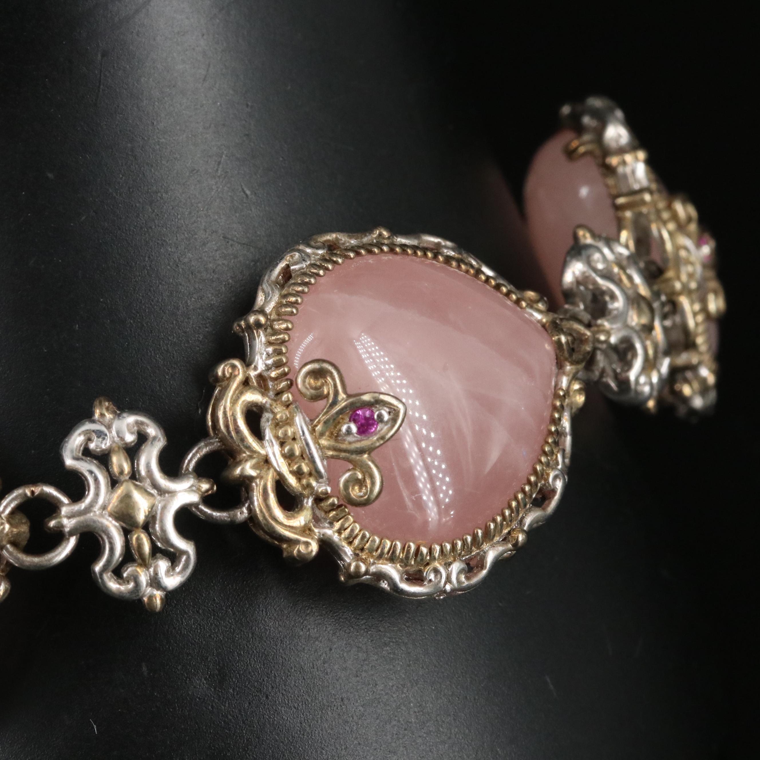 Sterling Rose Quartz and Ruby Heart Bracelet