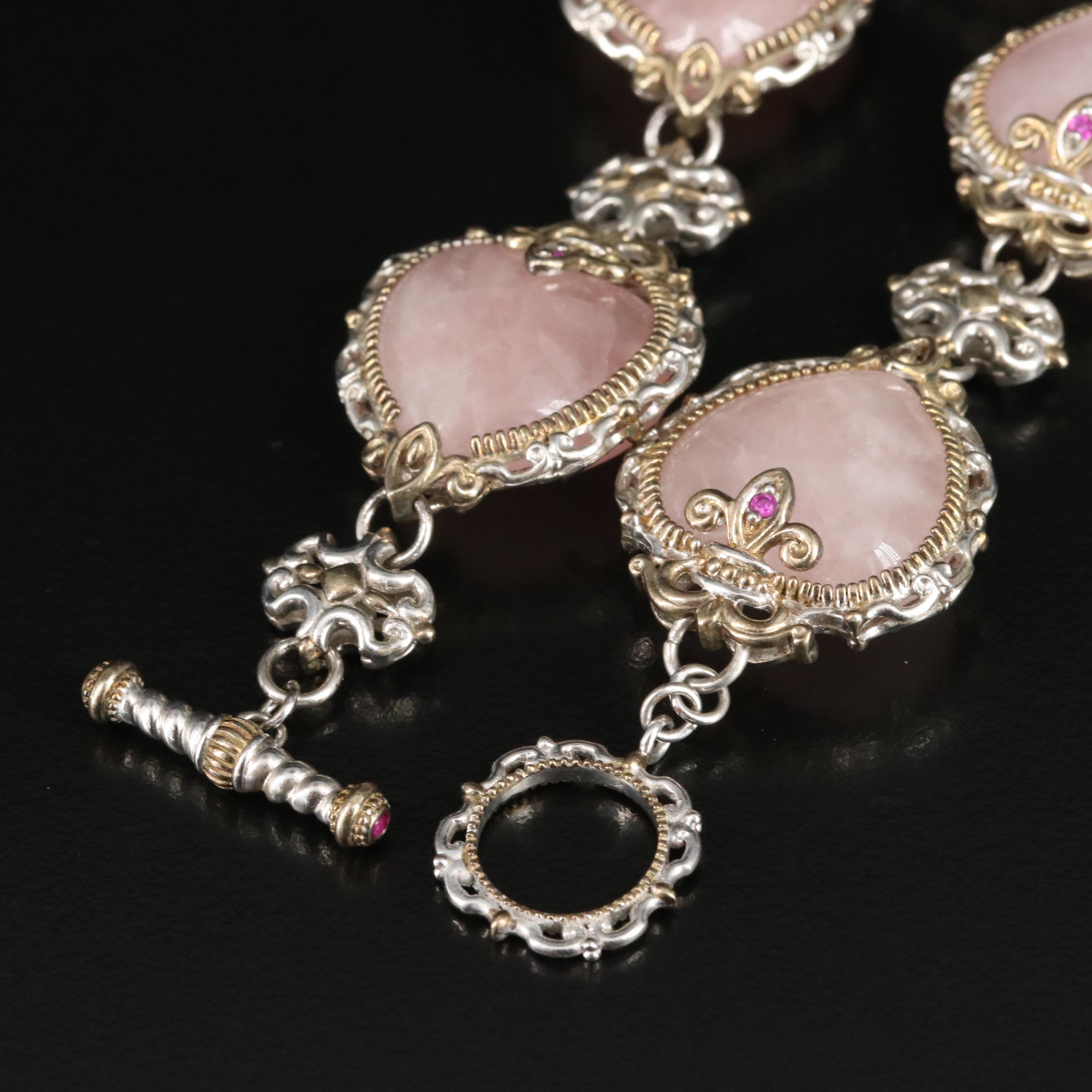 Sterling Rose Quartz and Ruby Heart Bracelet