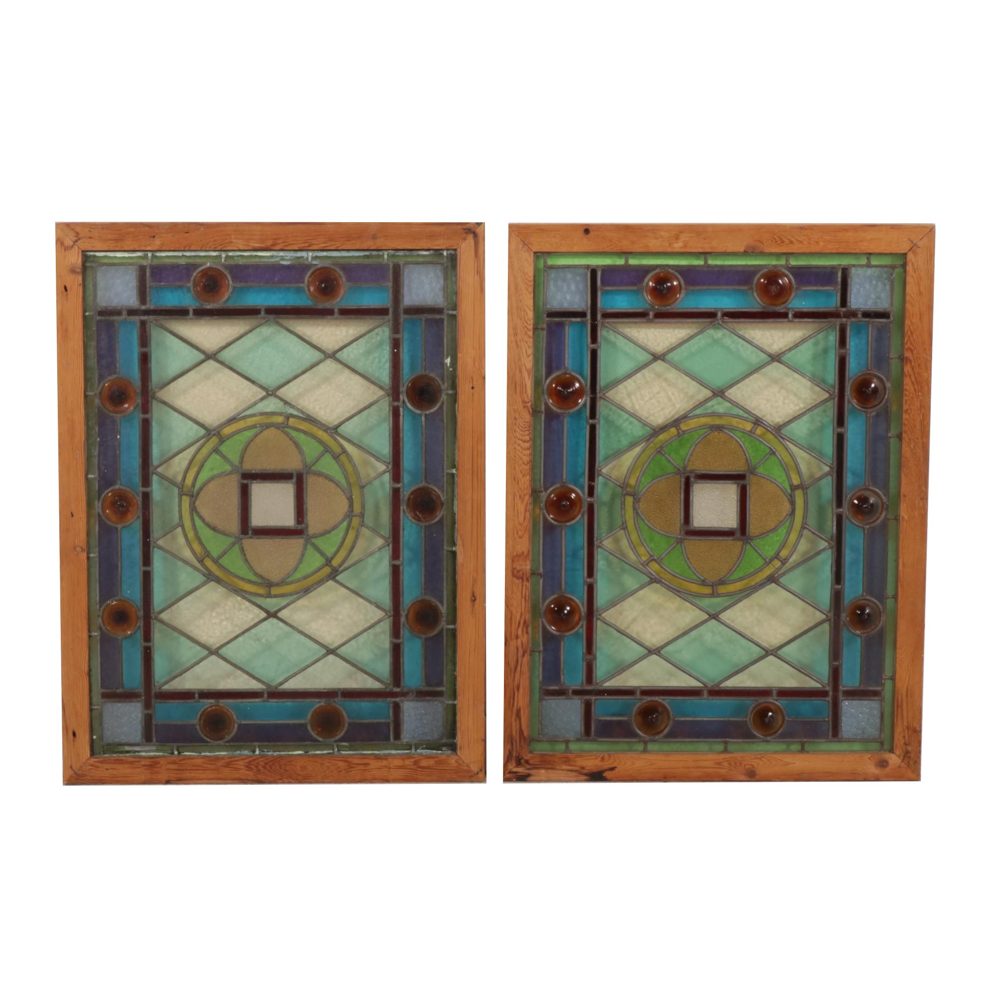 Pine Framed Stained Glass Windows with Roundel Accents, Early 20th Century