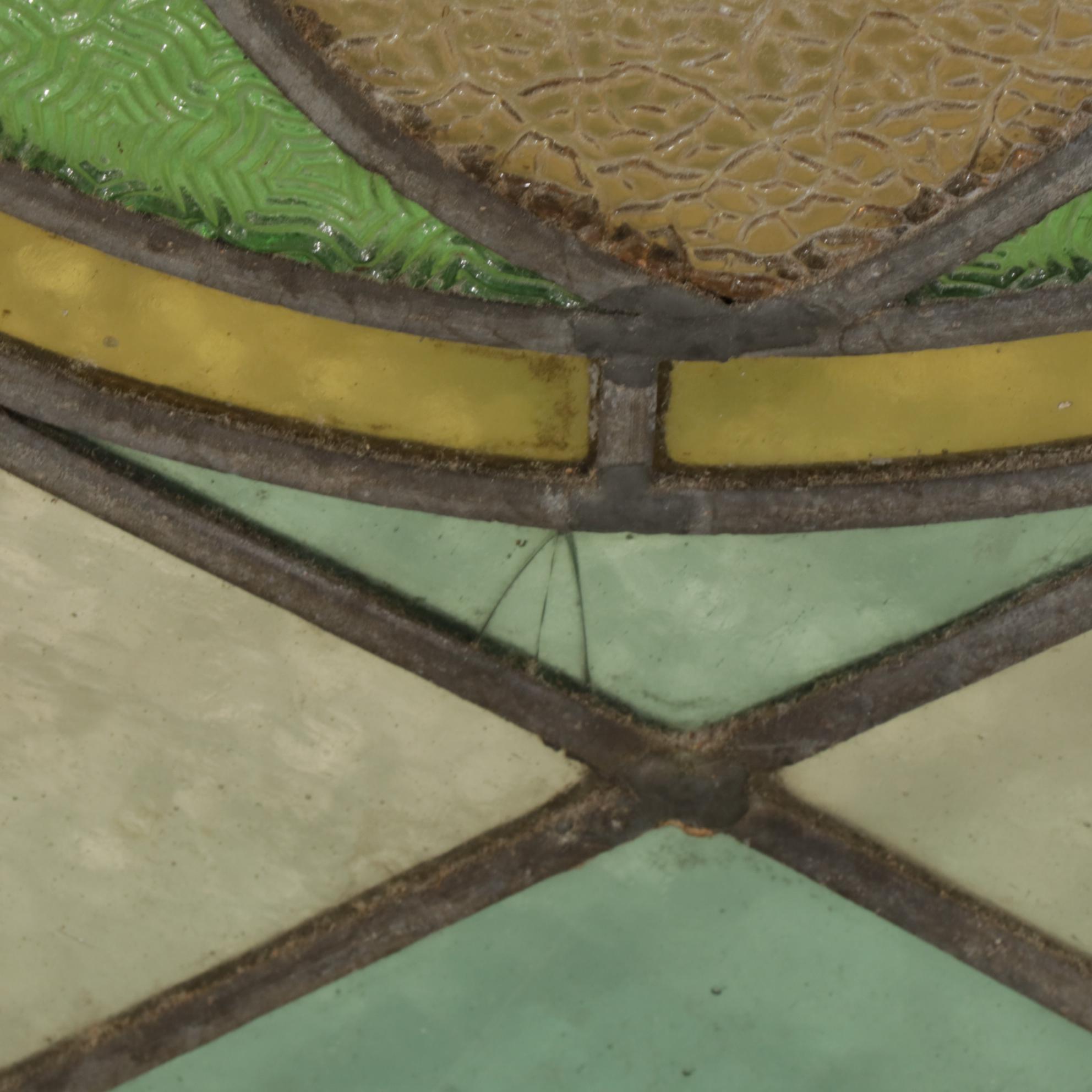 Pine Framed Stained Glass Windows with Roundel Accents, Early 20th Century