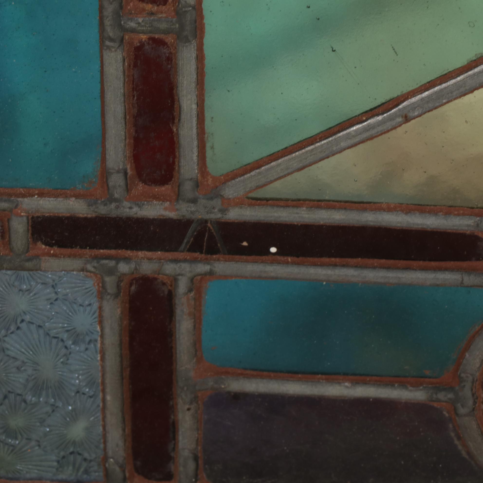 Pine Framed Stained Glass Windows with Roundel Accents, Early 20th Century