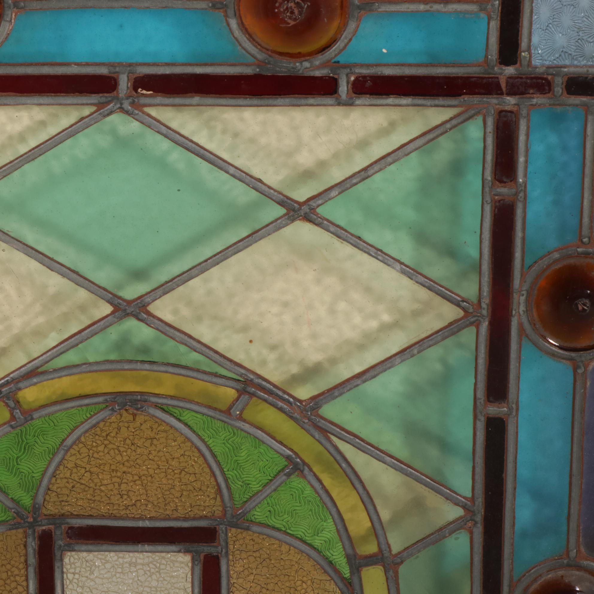 Pine Framed Stained Glass Windows with Roundel Accents, Early 20th Century