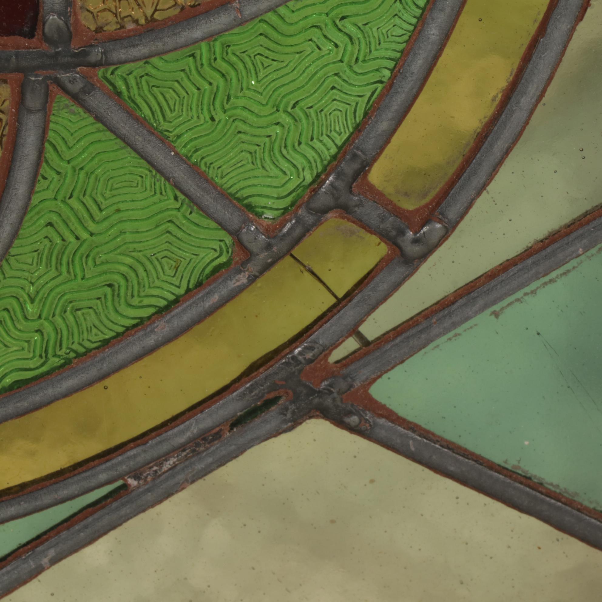 Pine Framed Stained Glass Windows with Roundel Accents, Early 20th Century