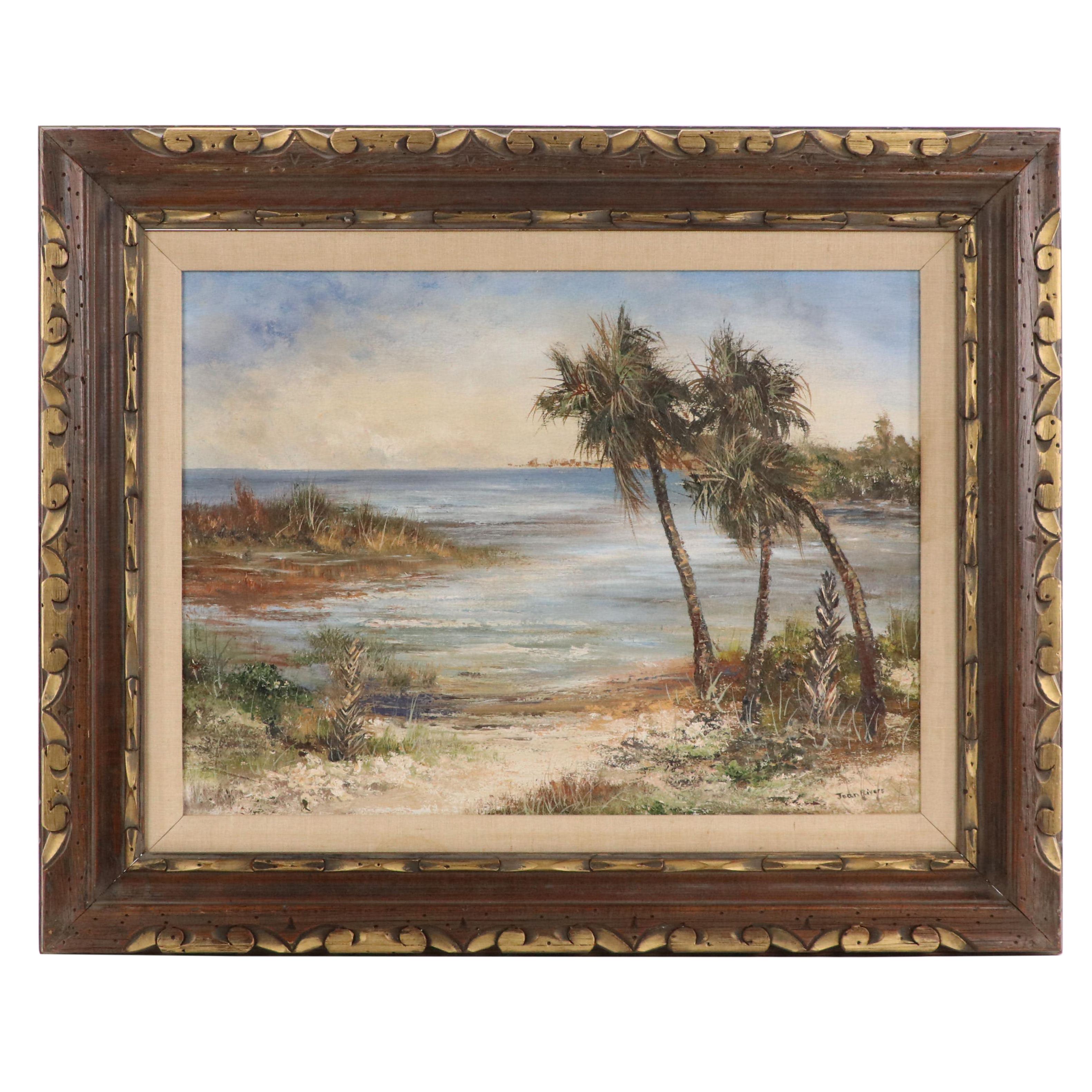 Joan Rivers Oil Painting of Tropical Landscape with Palm Trees