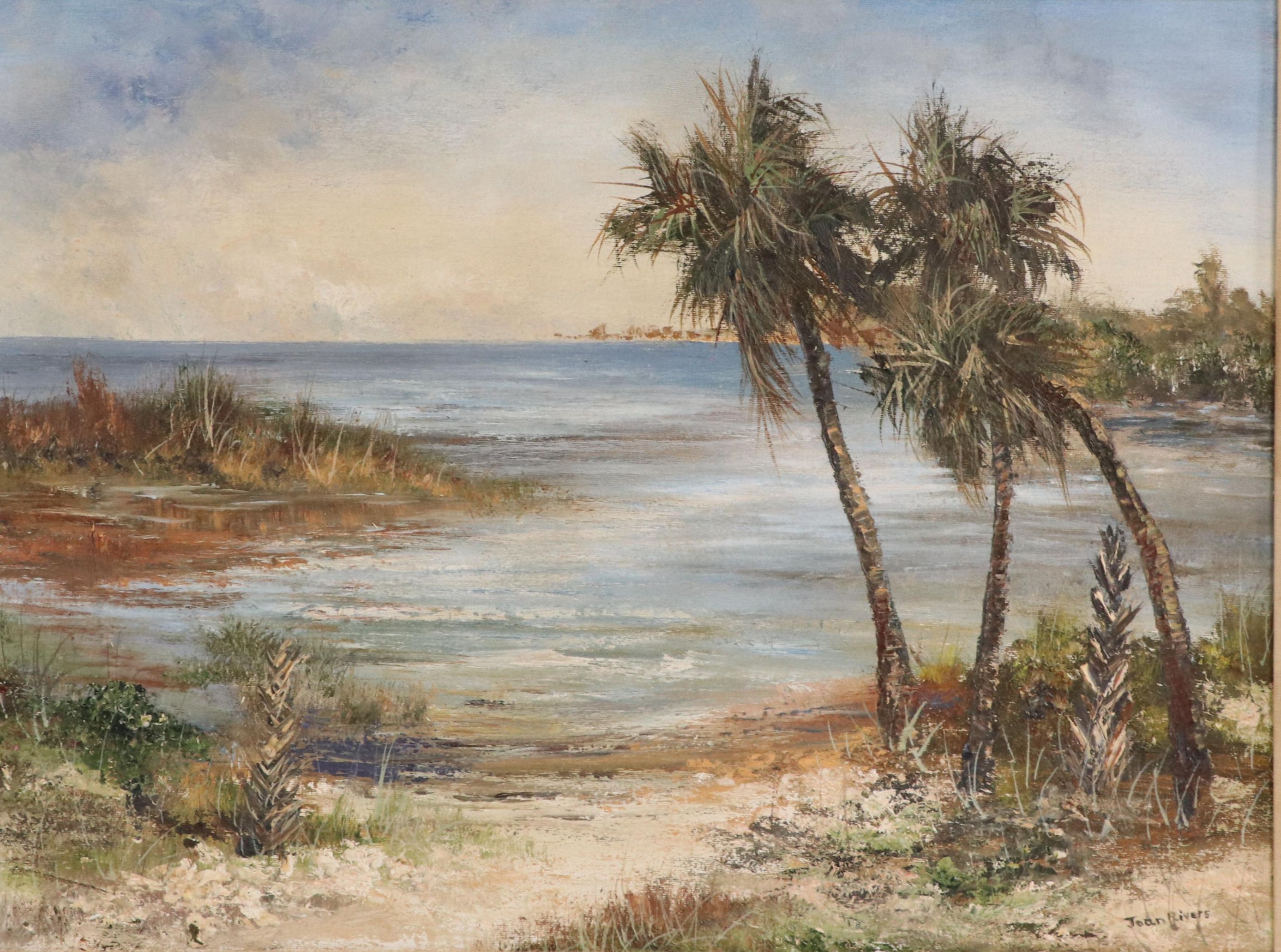 Joan Rivers Oil Painting of Tropical Landscape with Palm Trees
