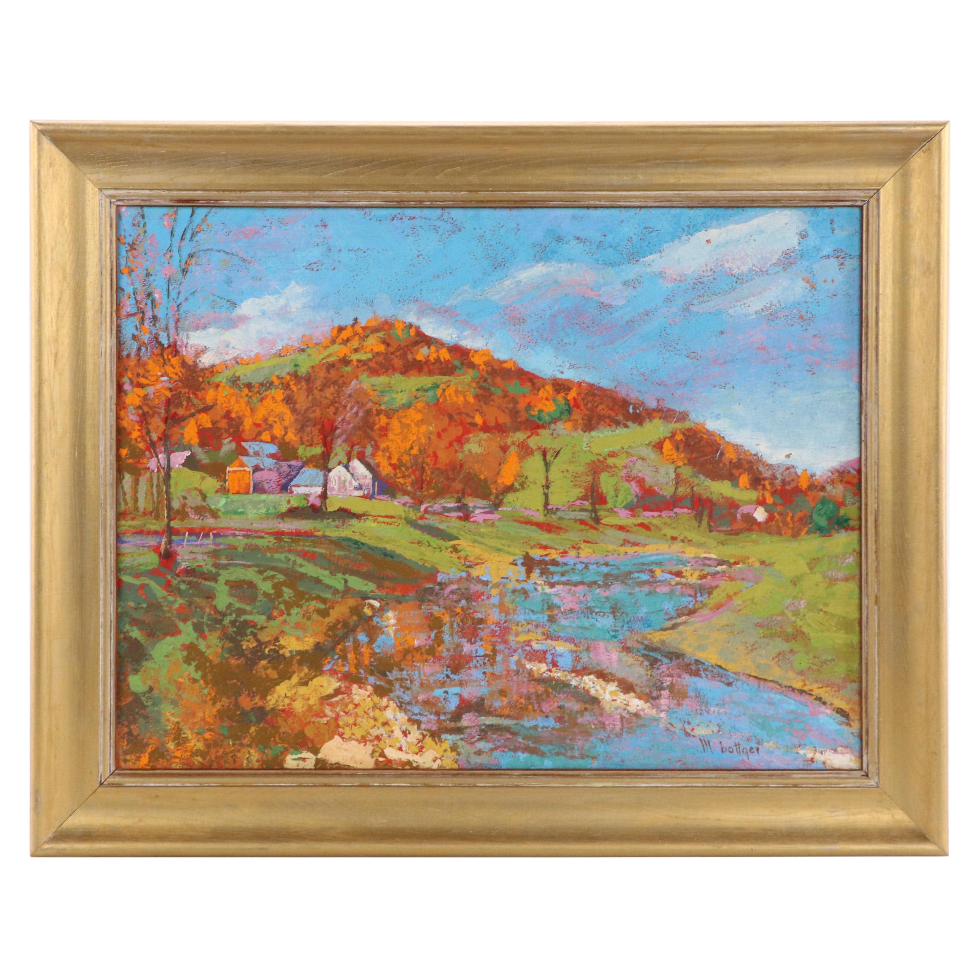 M. Bottger Casein Painting "Golden Hill," Late 20th Century
