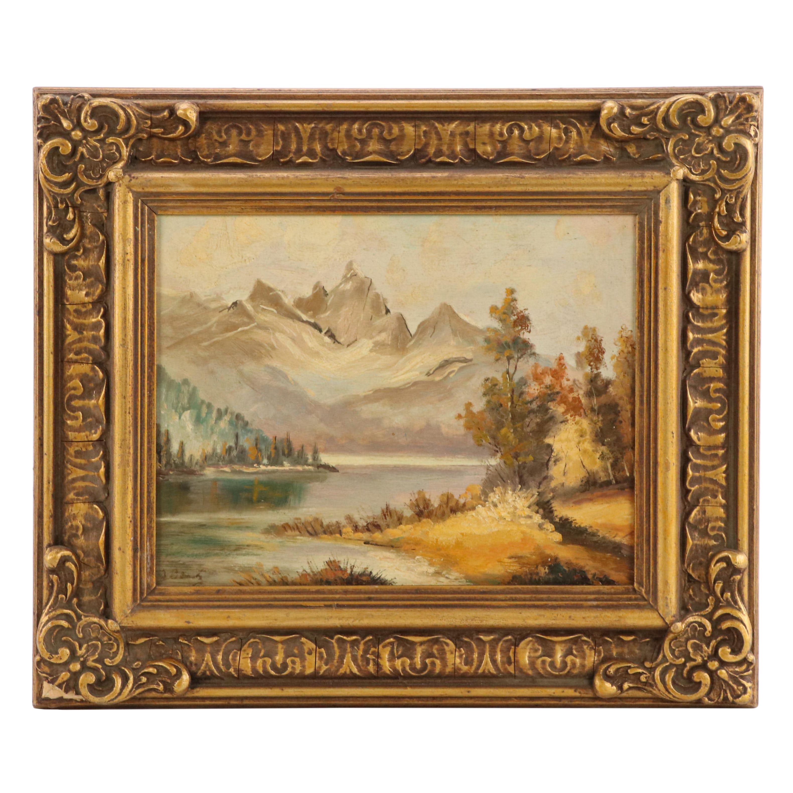 Ertz Oil Painting of a Landscape with Mountains and Lake, Late 20th Century