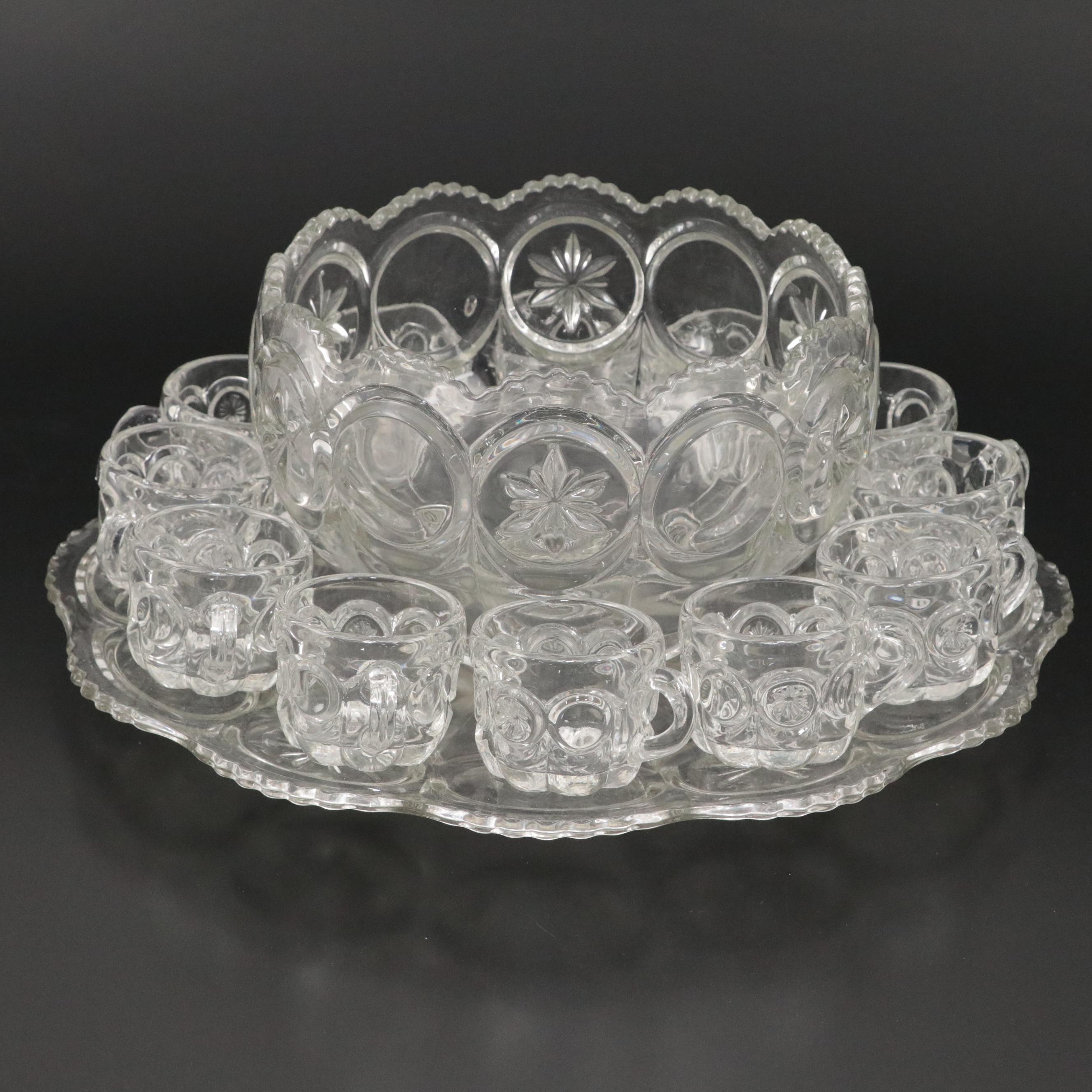 Tiffin-Franciscan "Moon and Stars" Molded Glass Punch Bowl Set