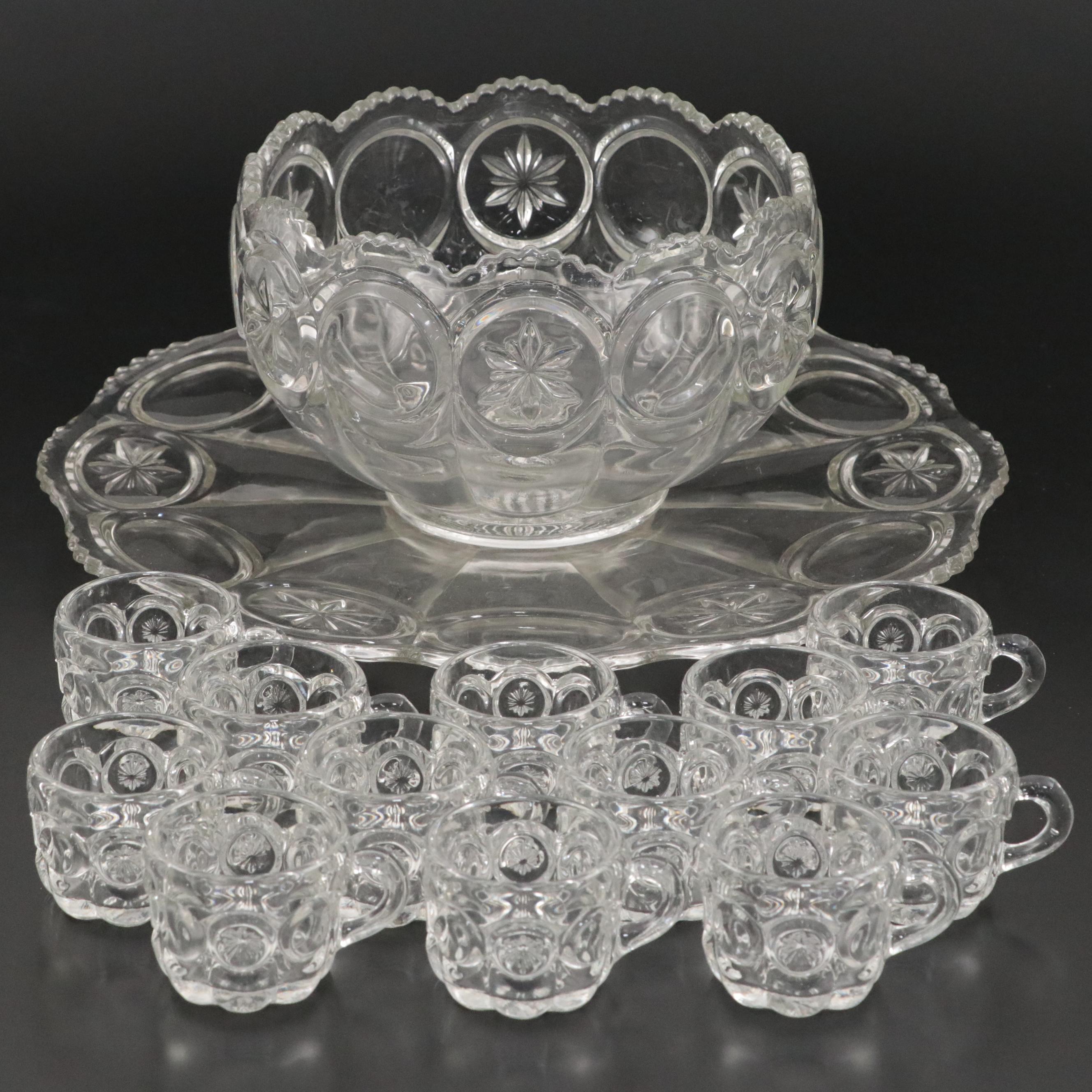 Tiffin-Franciscan "Moon and Stars" Molded Glass Punch Bowl Set