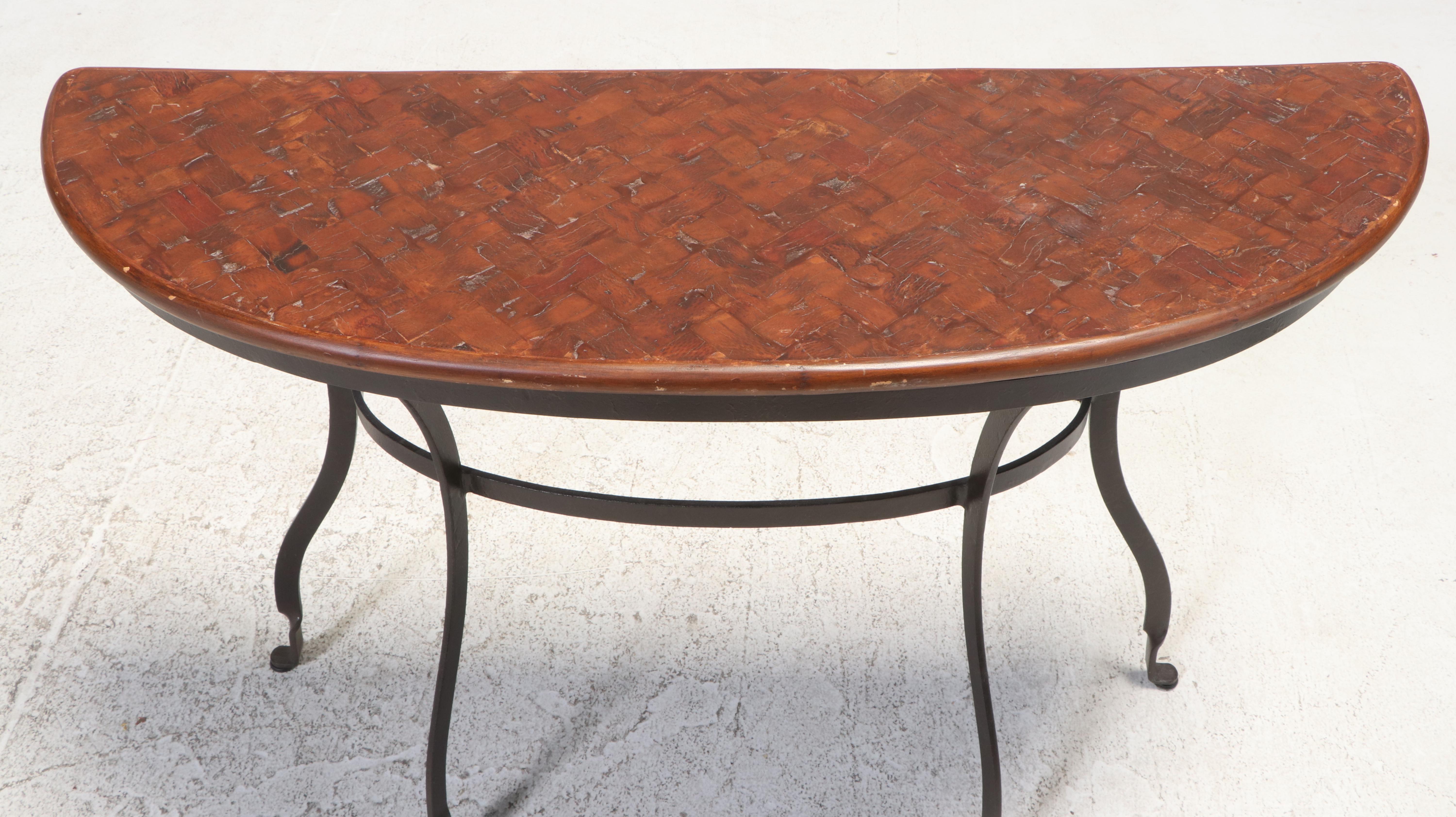 Spanish Colonial Style Iron and Walnut-Stained Demilune Console Table