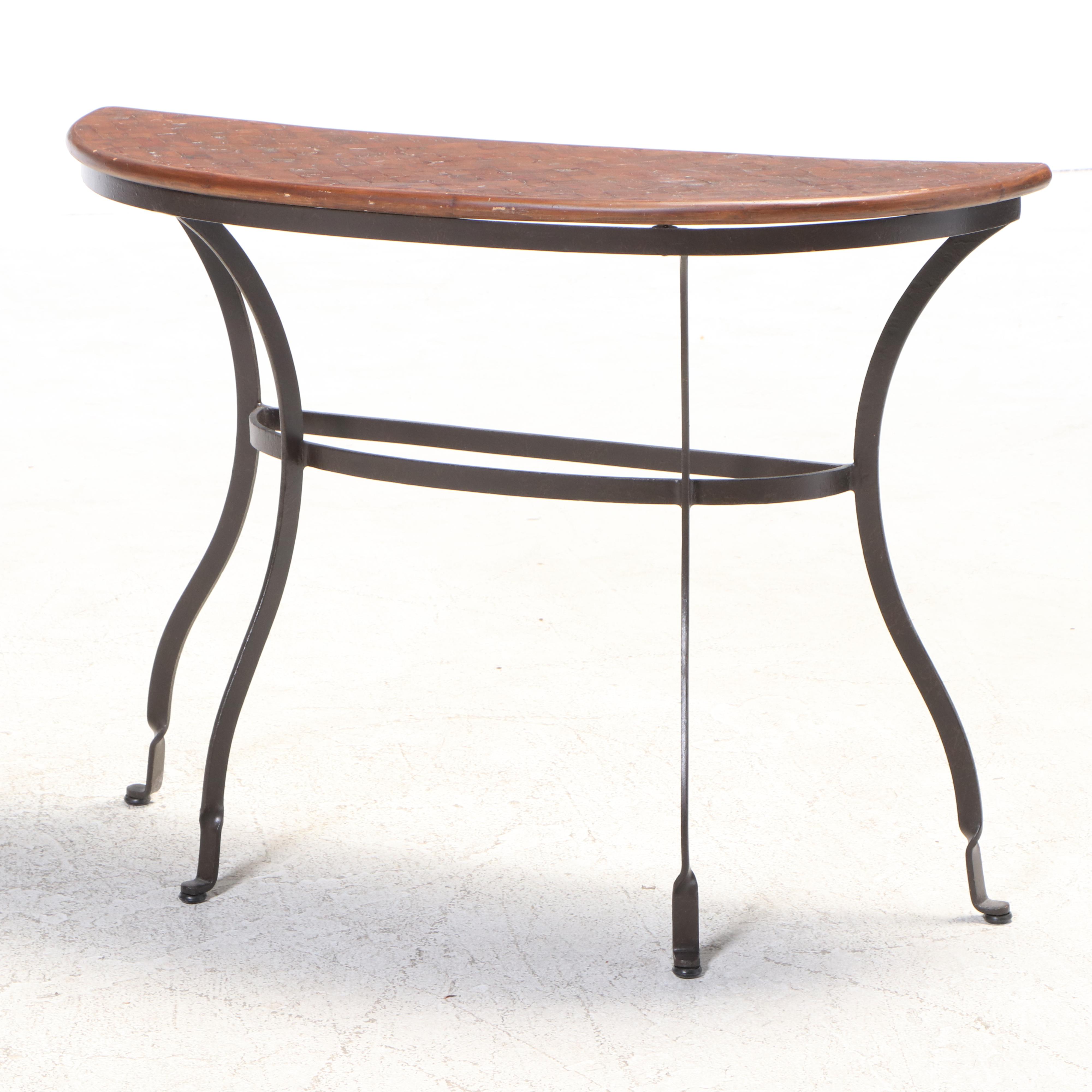 Spanish Colonial Style Iron and Walnut-Stained Demilune Console Table