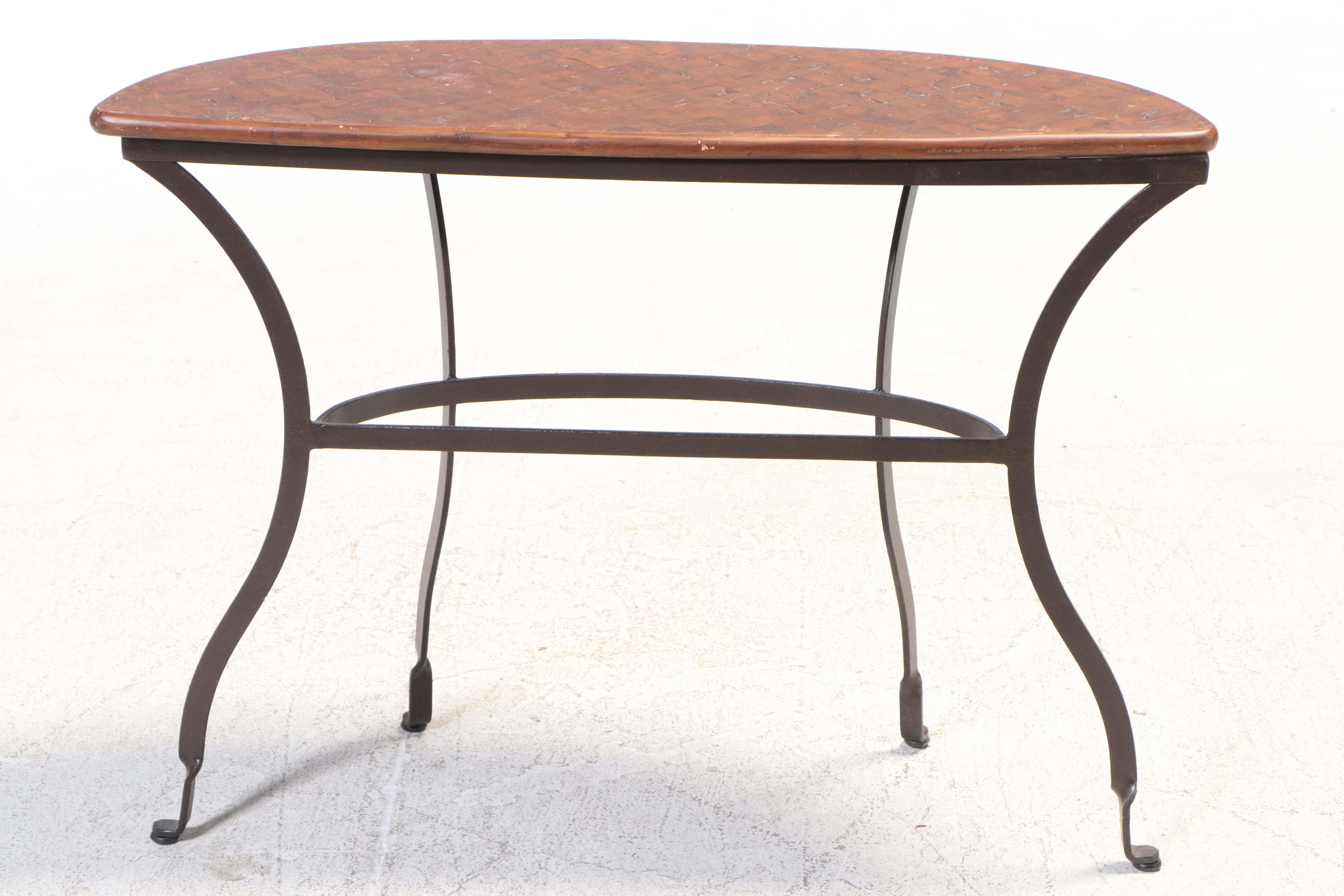 Spanish Colonial Style Iron and Walnut-Stained Demilune Console Table