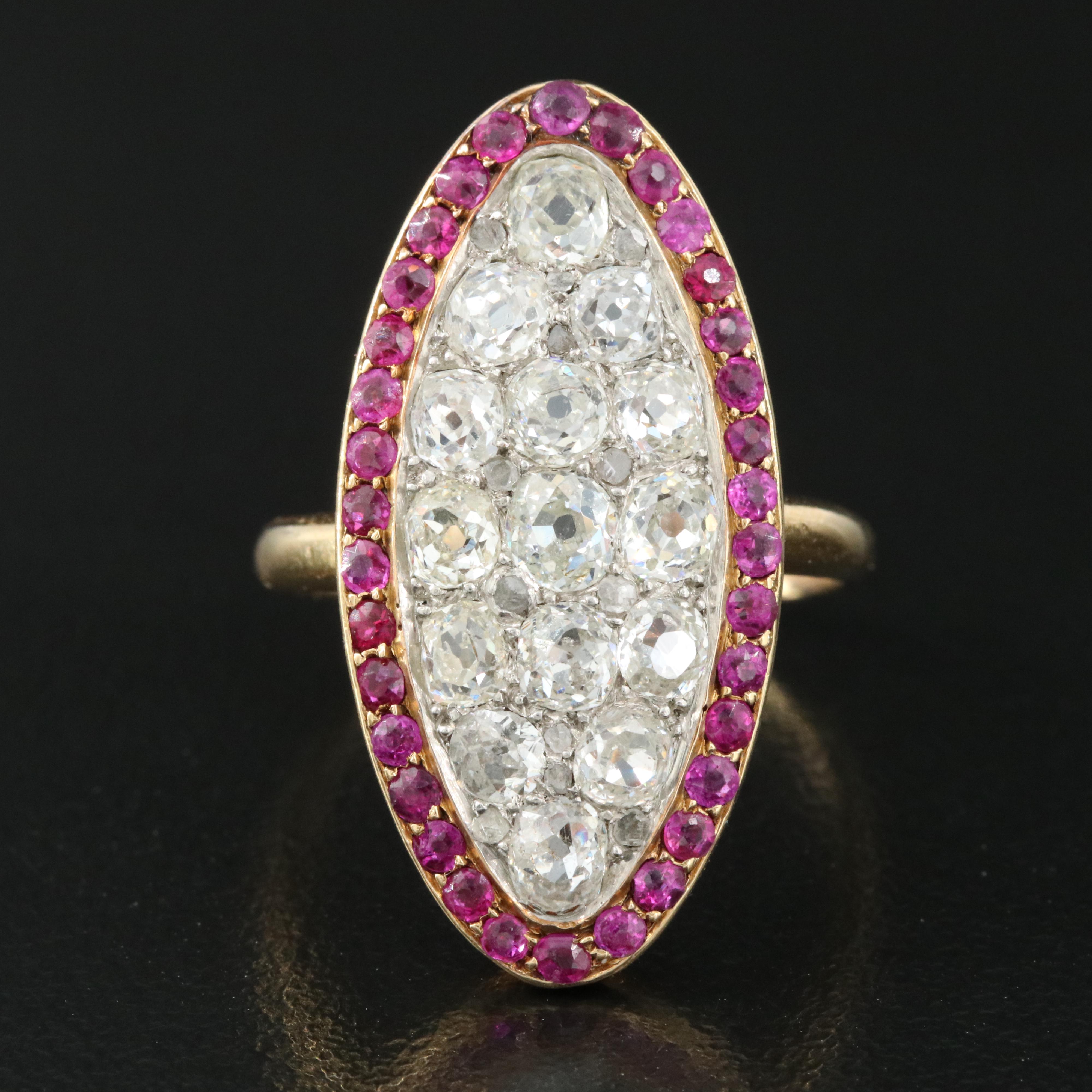 Antique 18K 2.67 CTW Diamond and Ruby Navette Ring