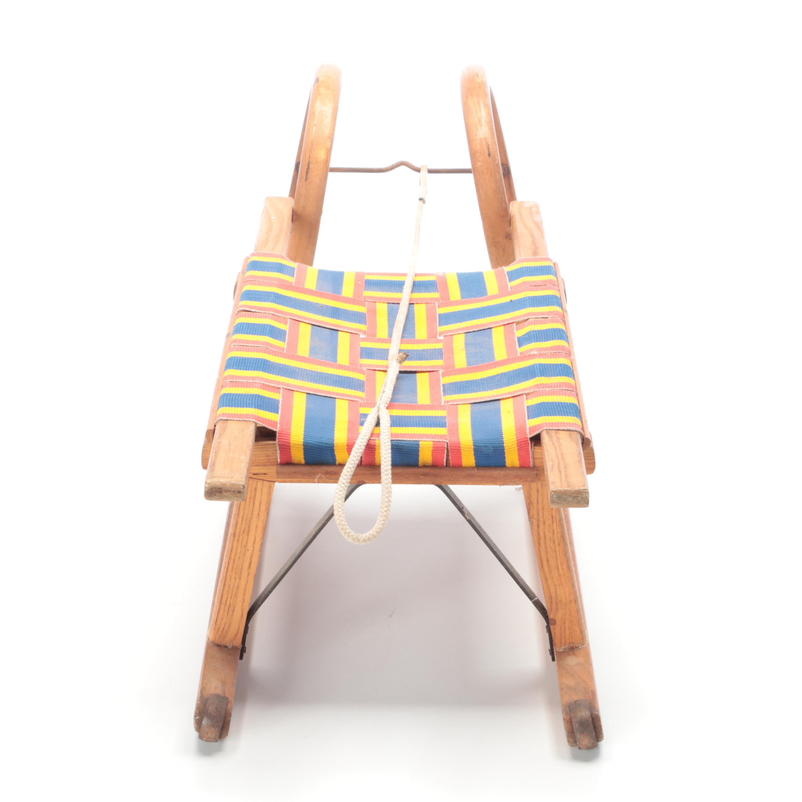 Wooden Toboggan Sled with Woven Seat, Mid-20th Century