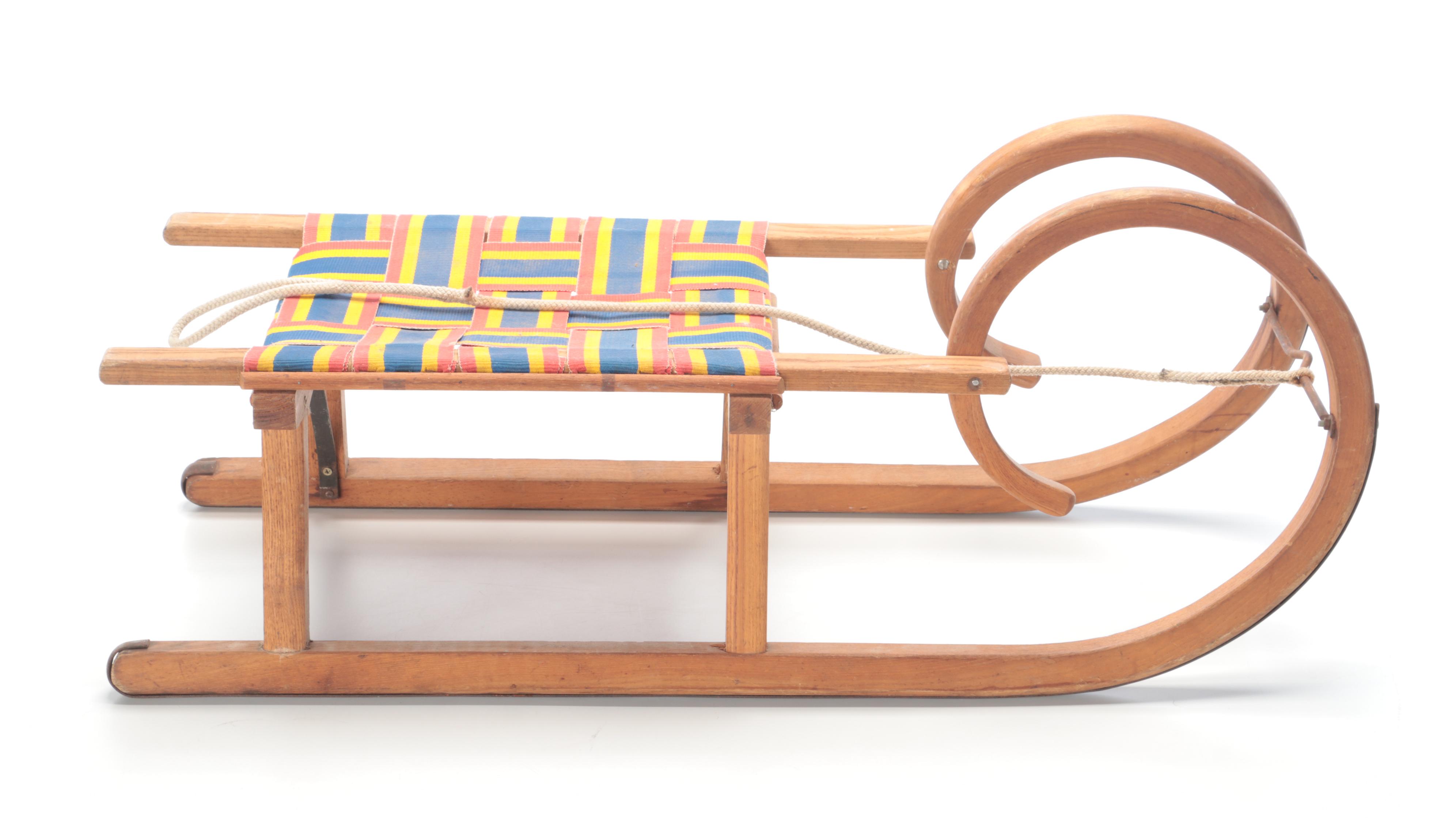 Wooden Toboggan Sled with Woven Seat, Mid-20th Century