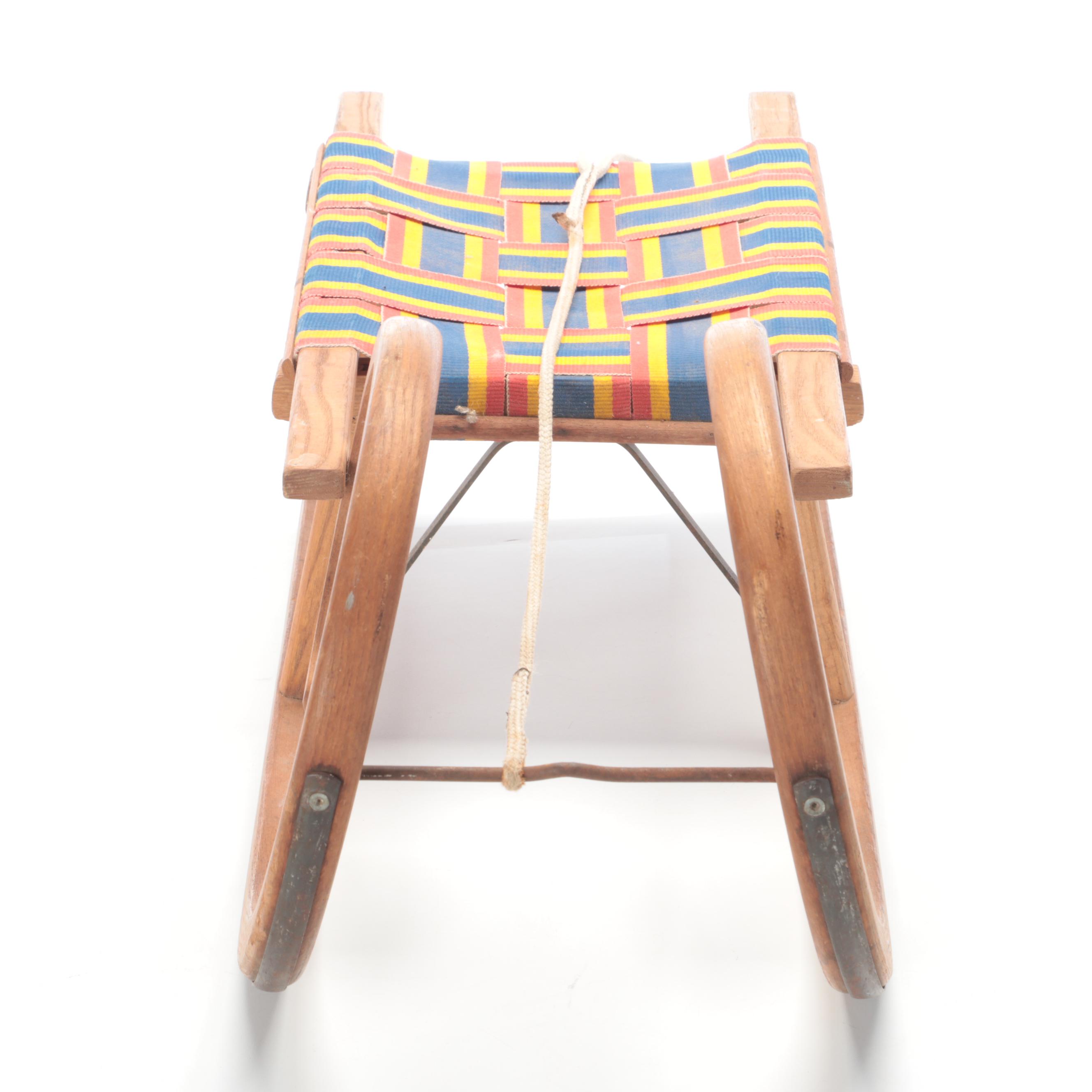 Wooden Toboggan Sled with Woven Seat, Mid-20th Century