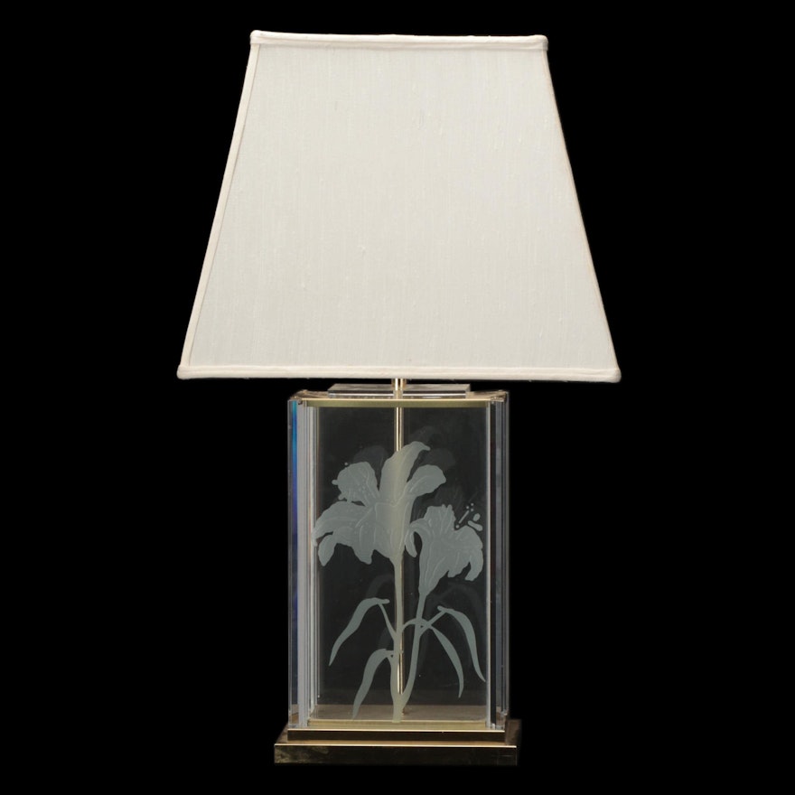 Fredrick Ramond Etched Glass Daylilies Motif Table Lamp, 1985