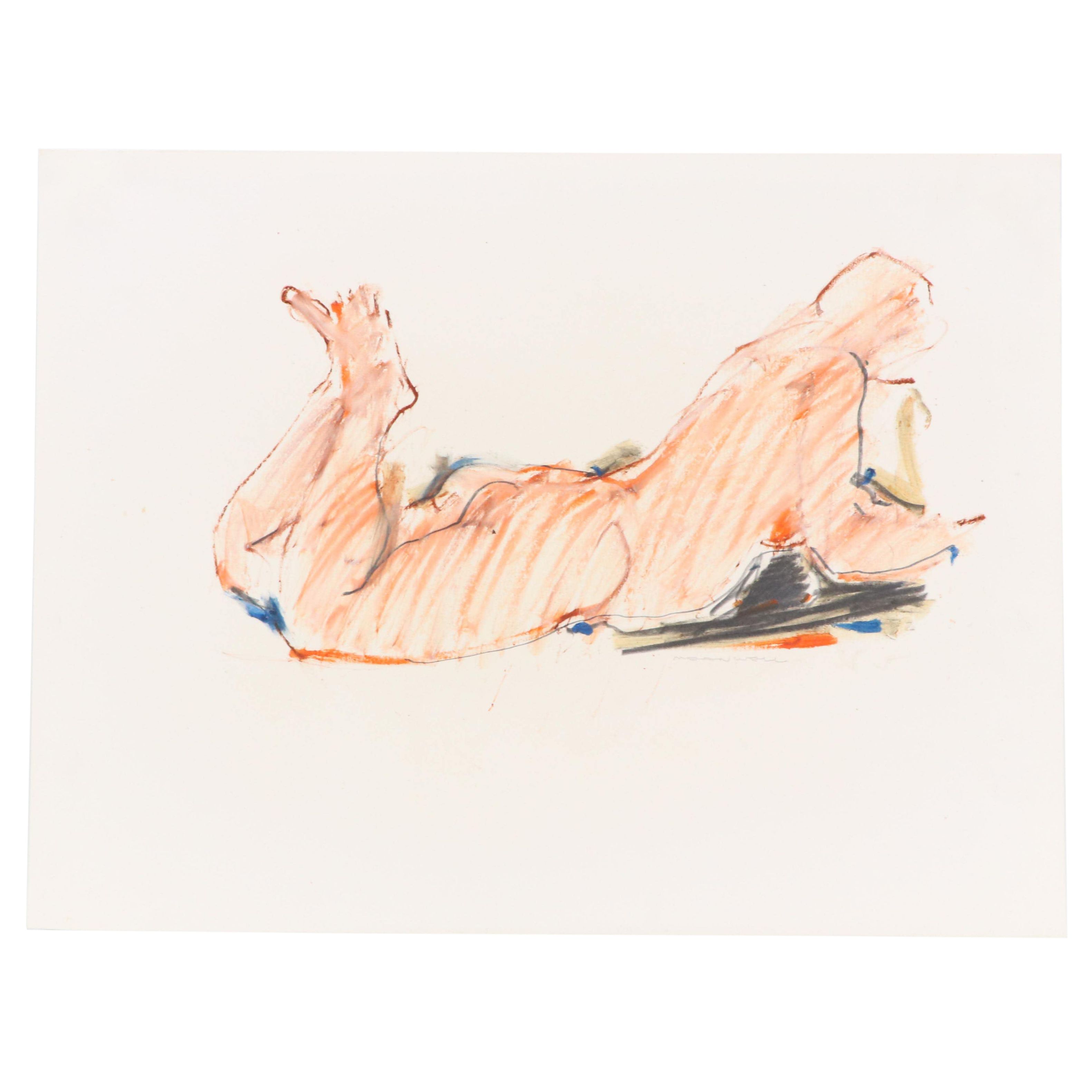 Jack Meanwell Modern Oil Pastel Drawing of Prone Nude Figure