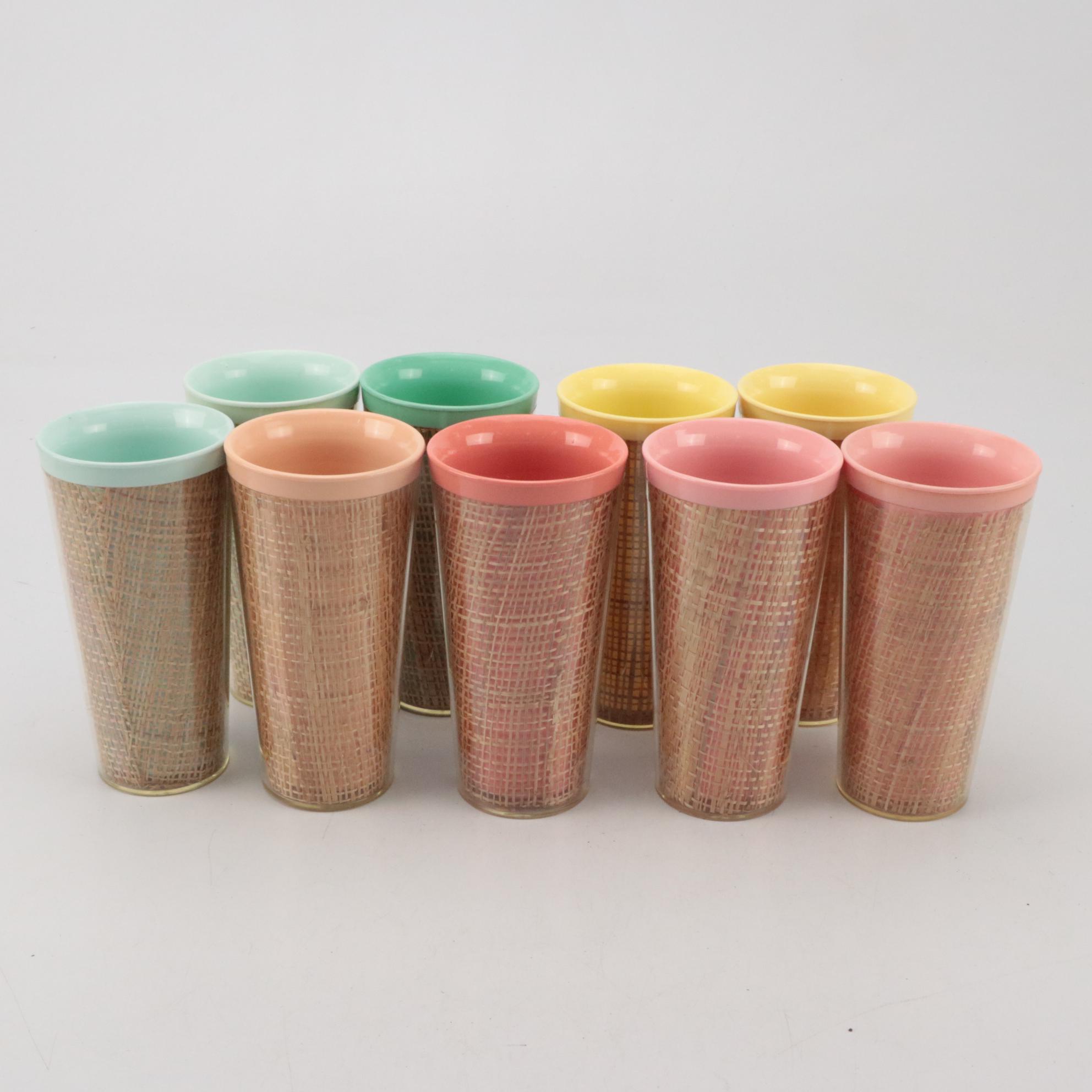 William Bostick for Eubanks Plastic Trays with Tiki Style Raffia Ware Tumblers