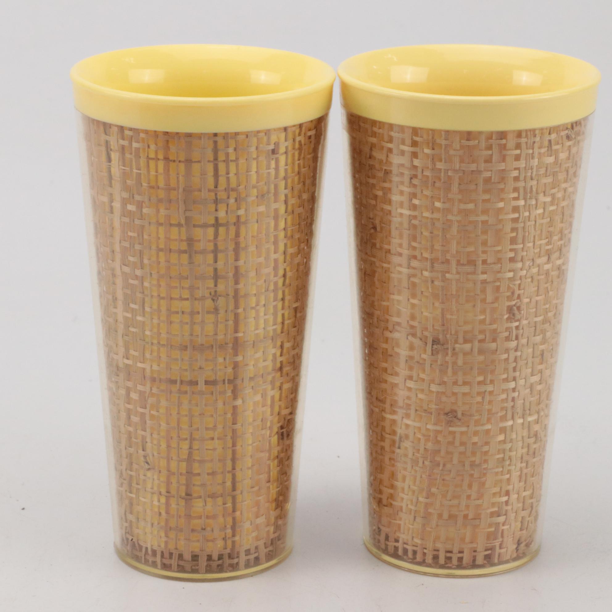William Bostick for Eubanks Plastic Trays with Tiki Style Raffia Ware Tumblers