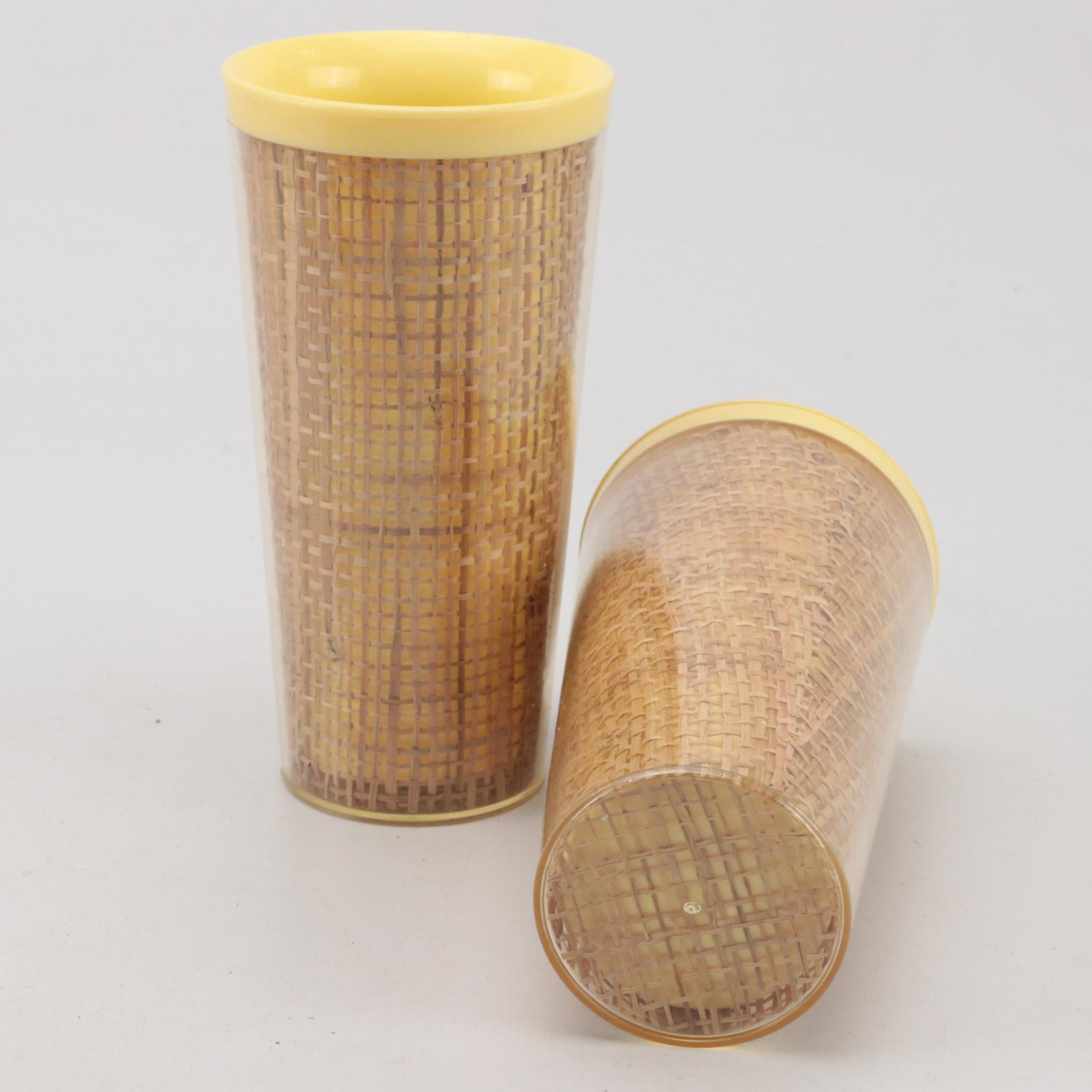 William Bostick for Eubanks Plastic Trays with Tiki Style Raffia Ware Tumblers