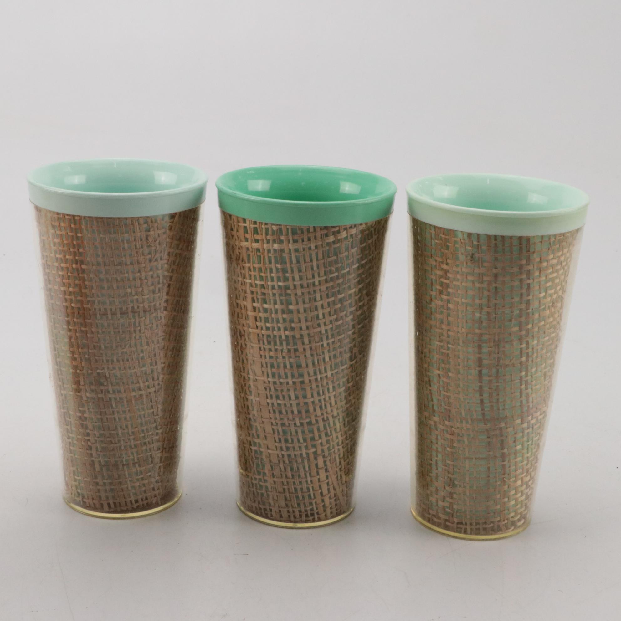 William Bostick for Eubanks Plastic Trays with Tiki Style Raffia Ware Tumblers