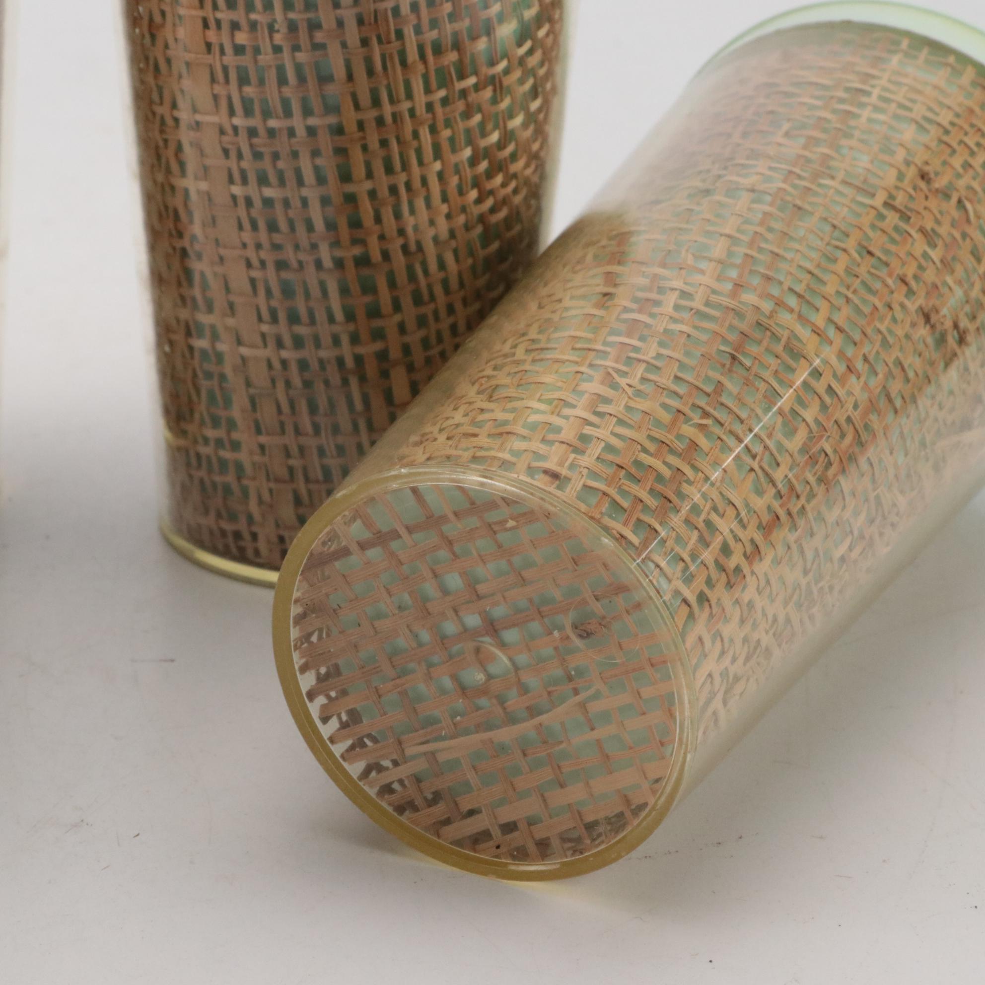 William Bostick for Eubanks Plastic Trays with Tiki Style Raffia Ware Tumblers