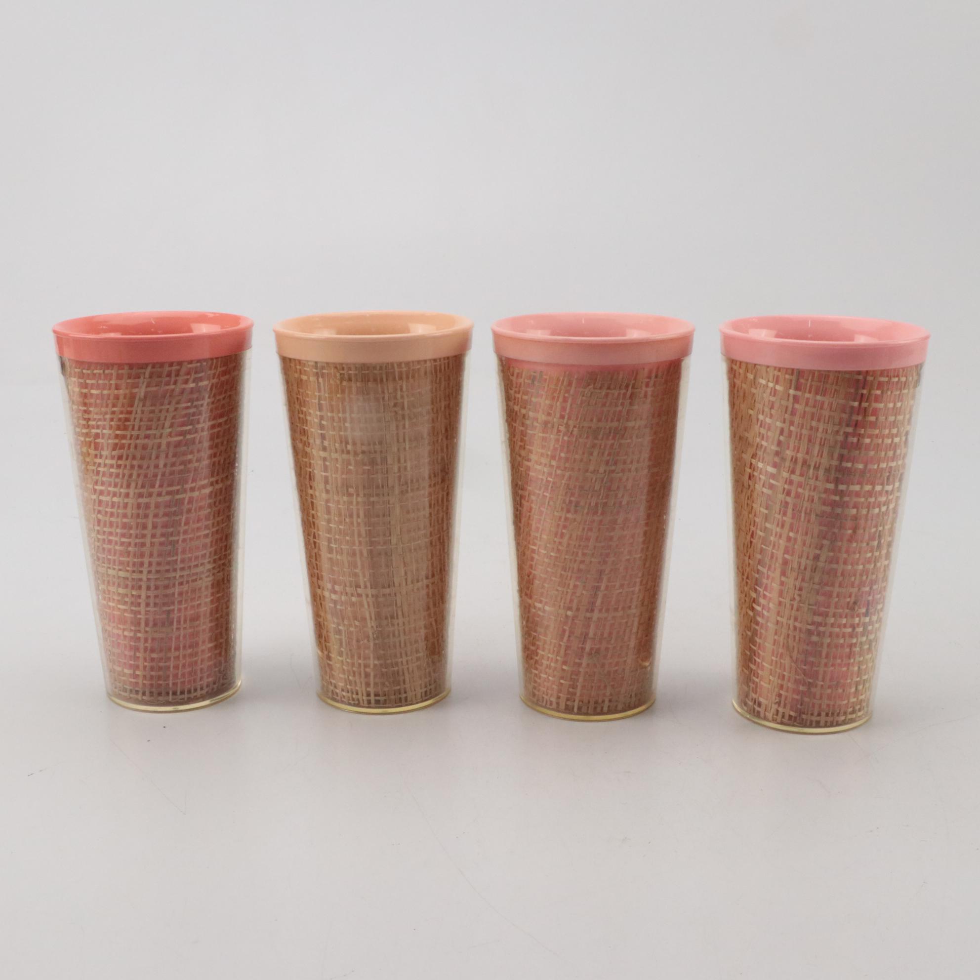 William Bostick for Eubanks Plastic Trays with Tiki Style Raffia Ware Tumblers
