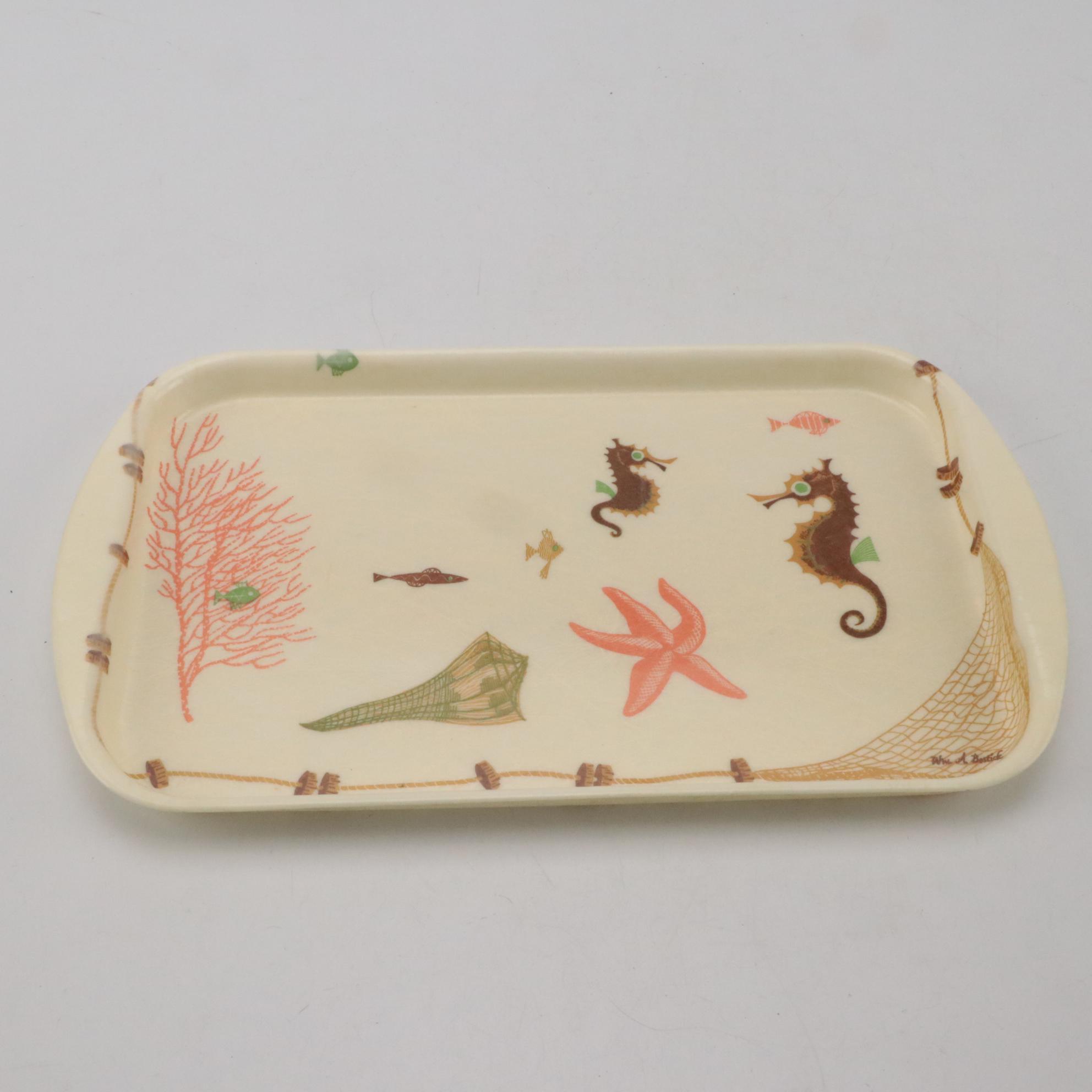 William Bostick for Eubanks Plastic Trays with Tiki Style Raffia Ware Tumblers