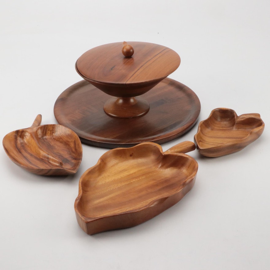 Treenware Leaf Form Serving Bowls, Compote and Tray