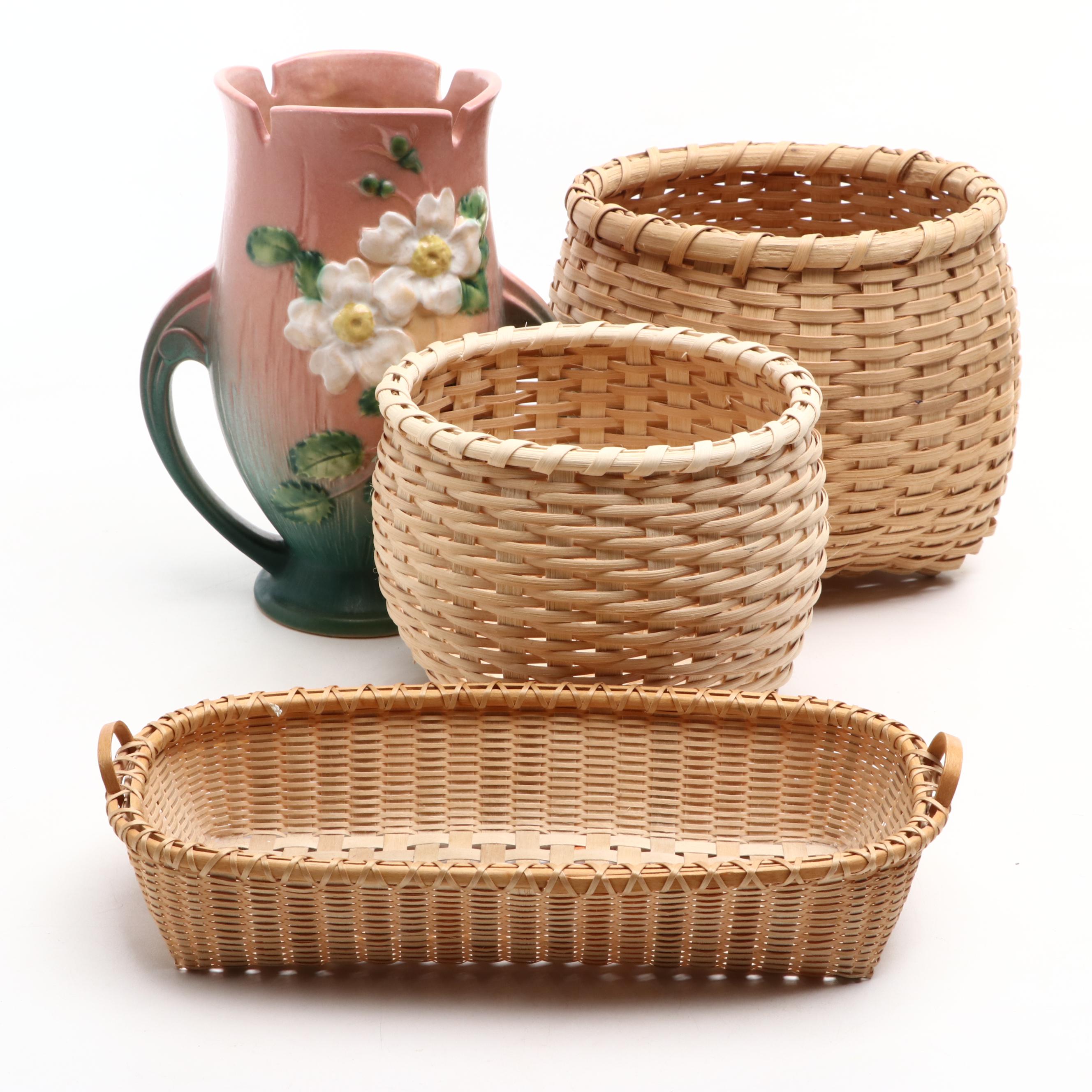 Ruth Owrey and Other Hand-Crafted Baskets with Roseville Ceramic Vase
