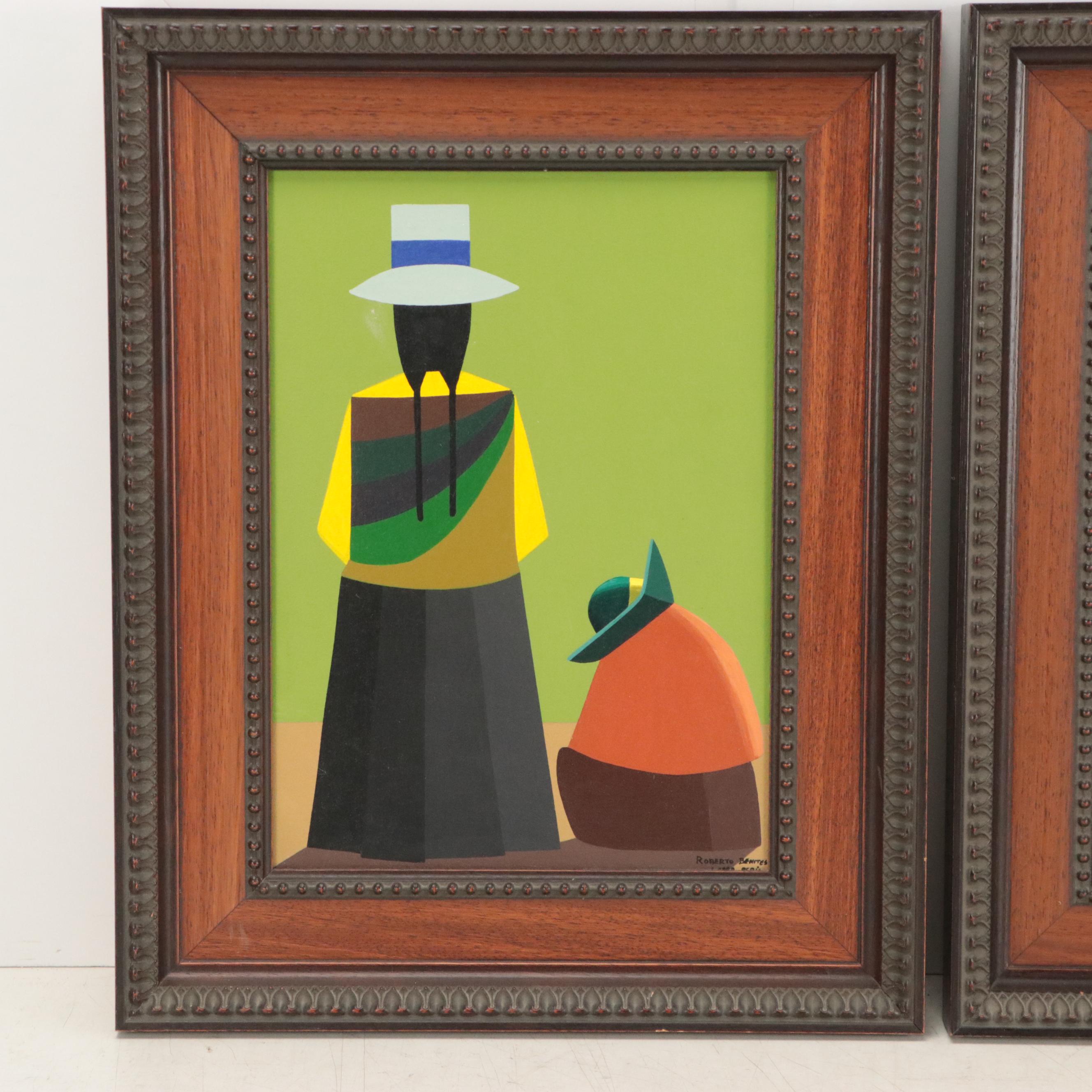 Roberto Benites Peruvian Folk Art Oil Paintings of Figural Scenes