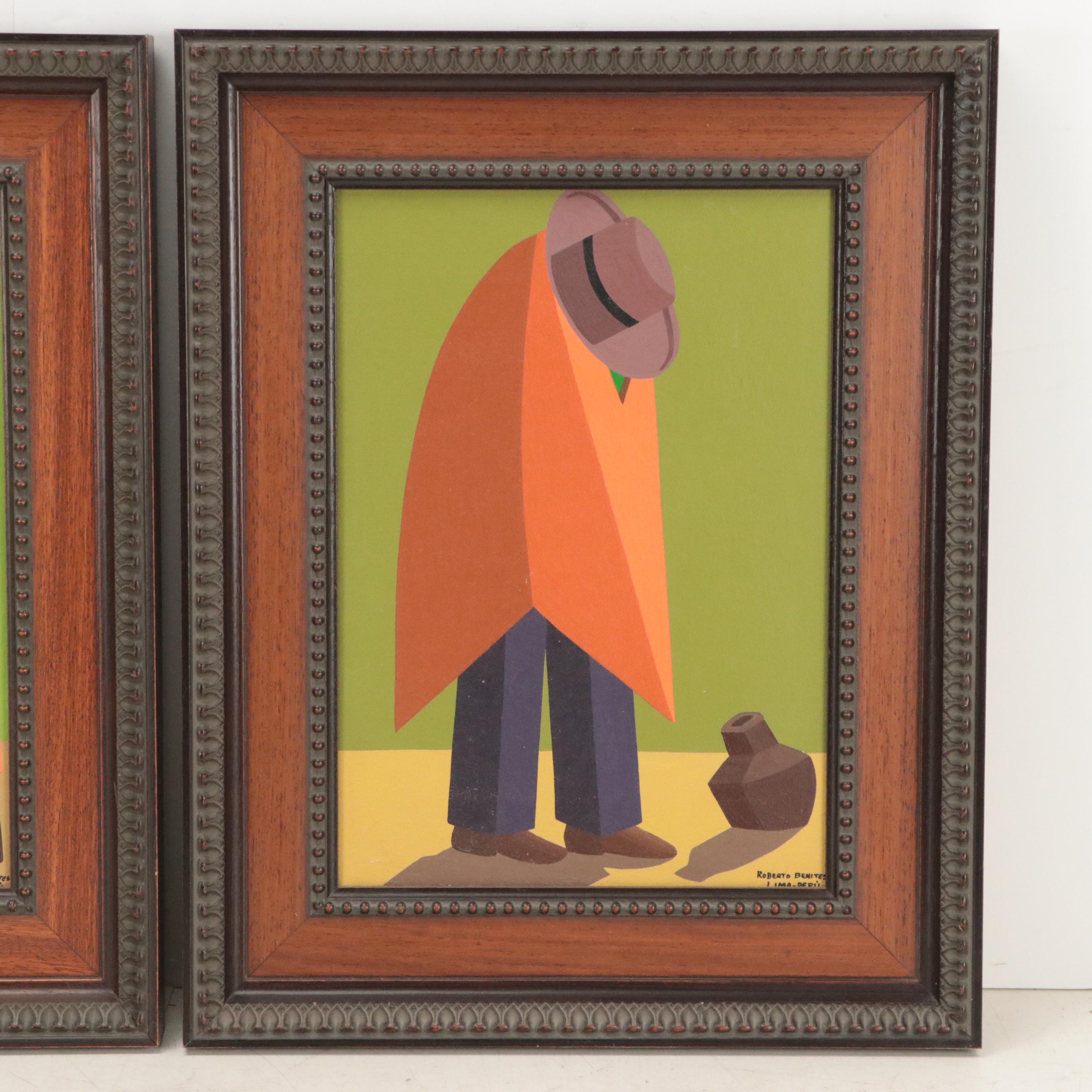 Roberto Benites Peruvian Folk Art Oil Paintings of Figural Scenes