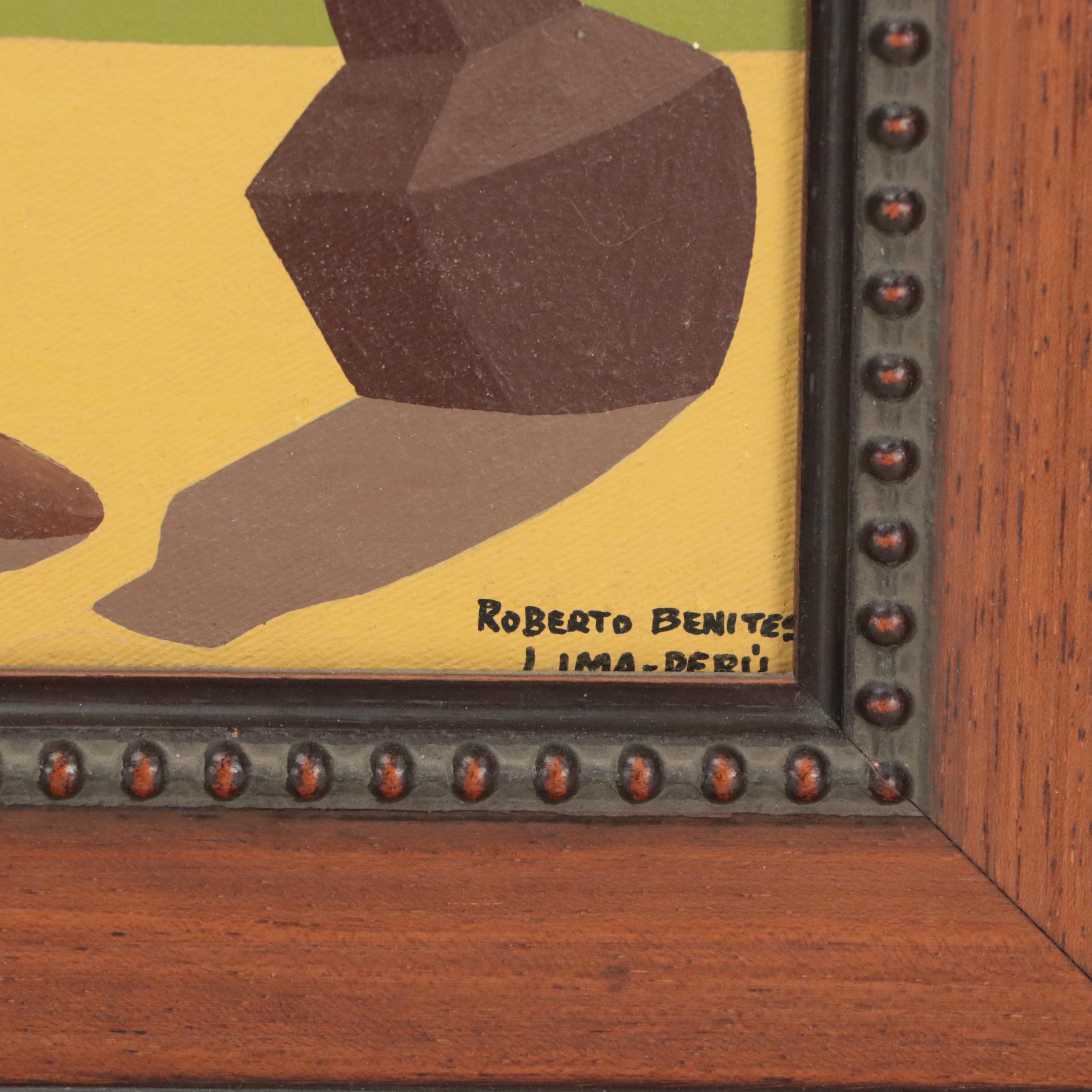 Roberto Benites Peruvian Folk Art Oil Paintings of Figural Scenes