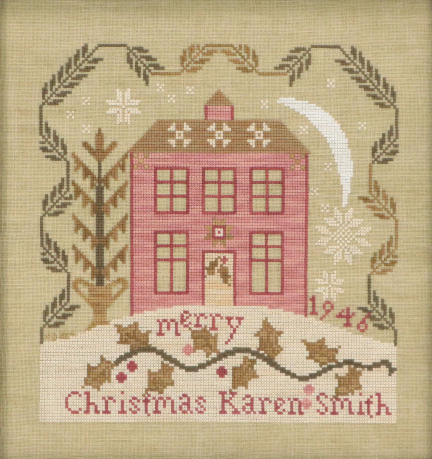Holiday-Themed Cross-Stitch Embroidery "Merry Christmas Karen Smith," 1946