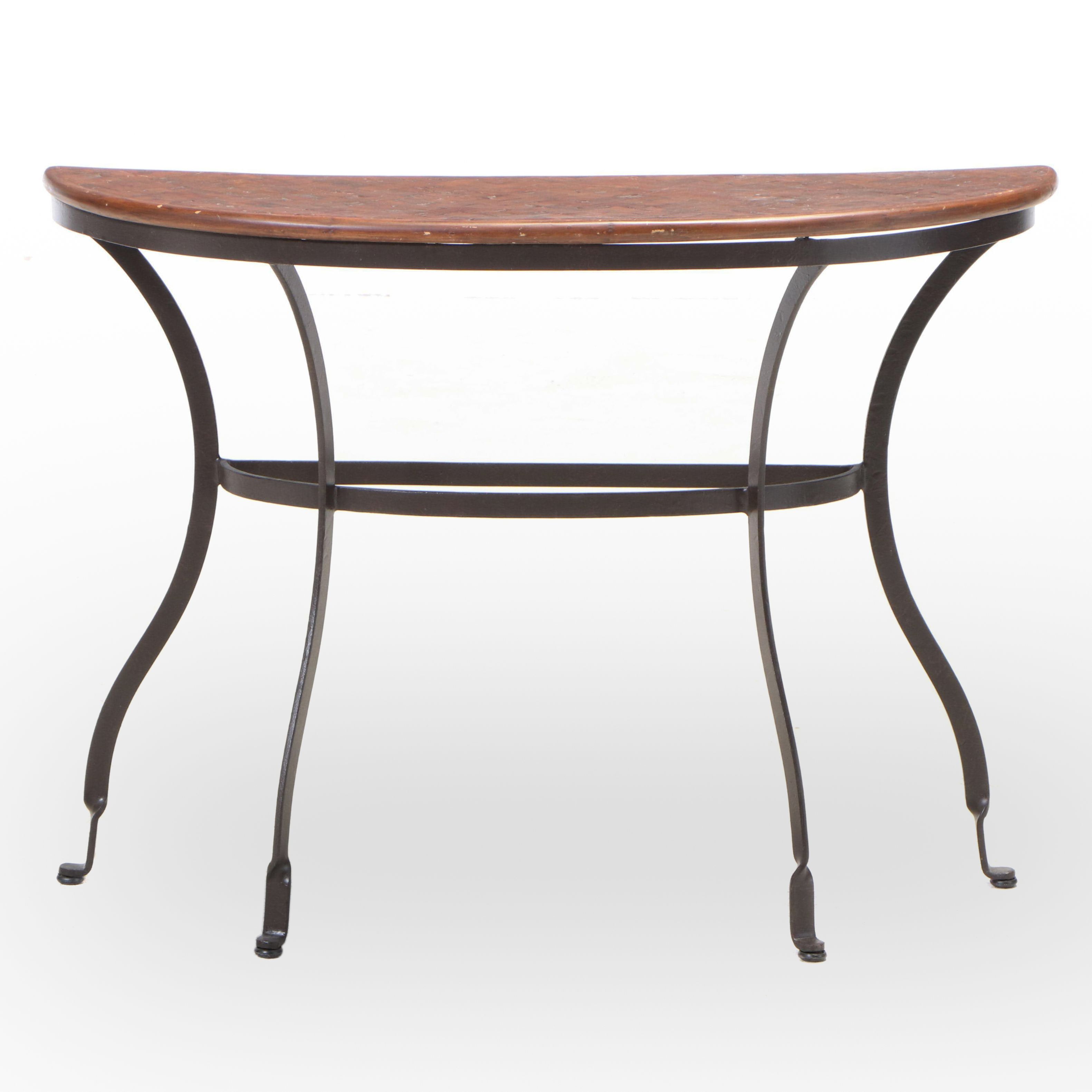 Spanish Colonial Style Iron and Walnut-Stained Demilune Console Table