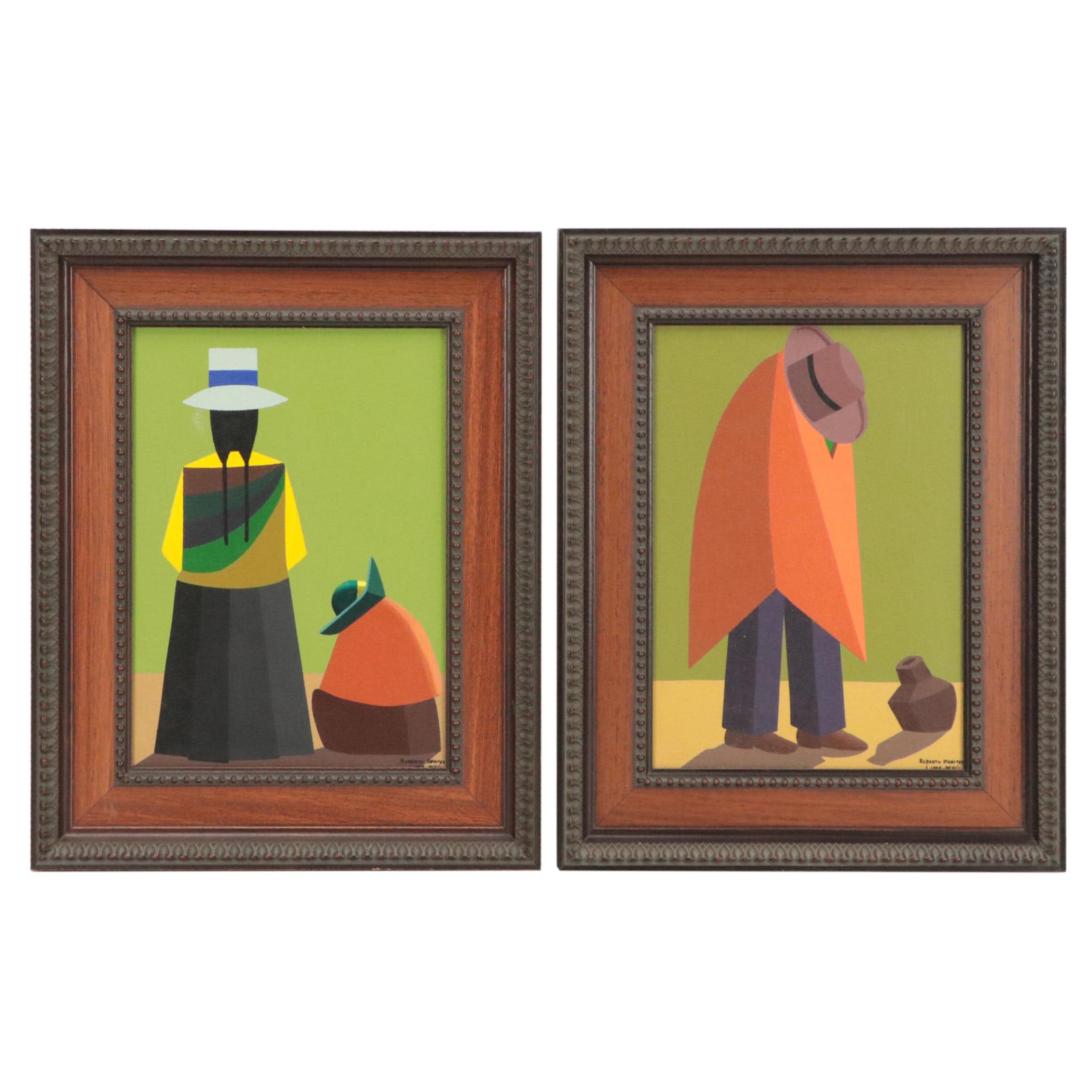 Roberto Benites Peruvian Folk Art Oil Paintings of Figural Scenes