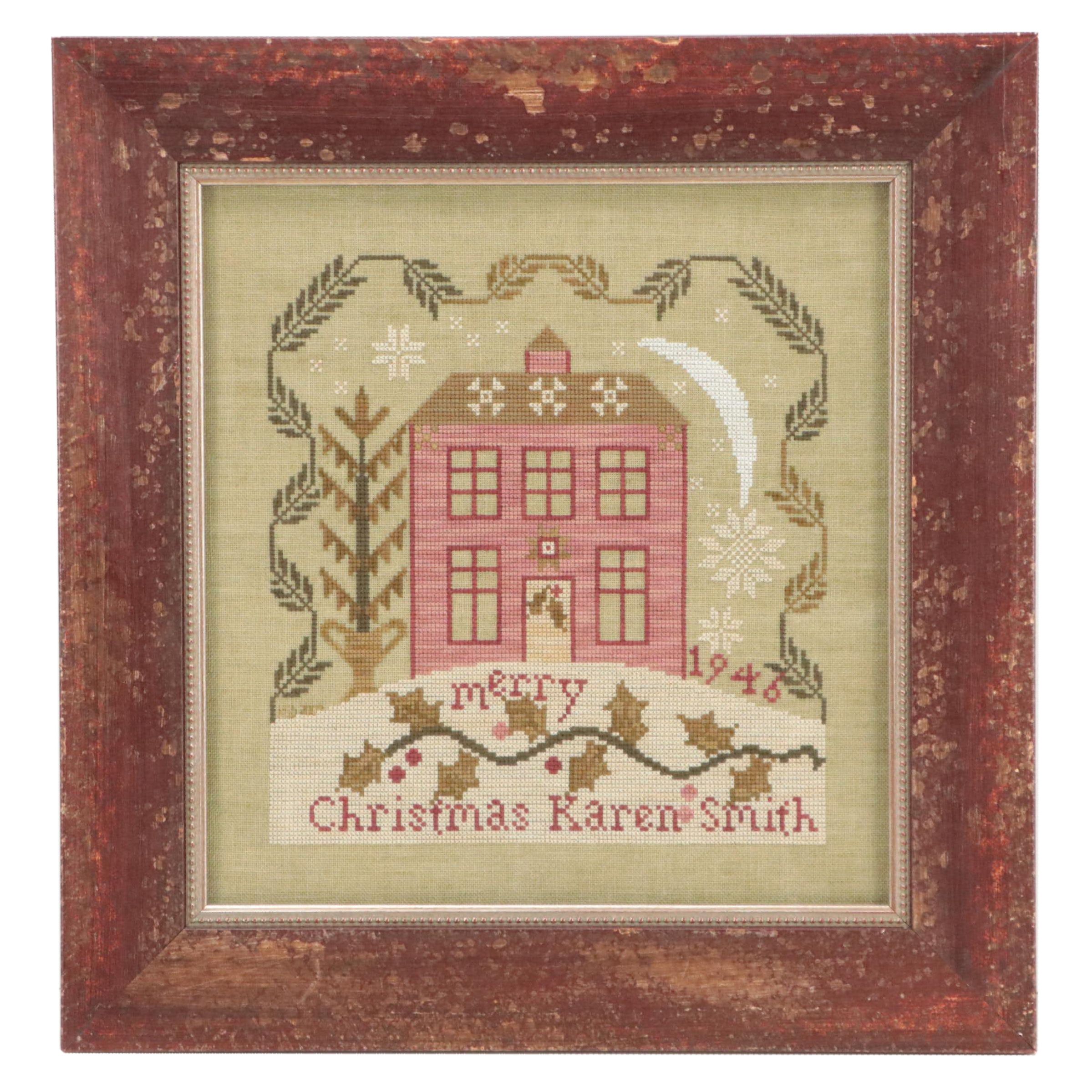 Holiday-Themed Cross-Stitch Embroidery "Merry Christmas Karen Smith," 1946
