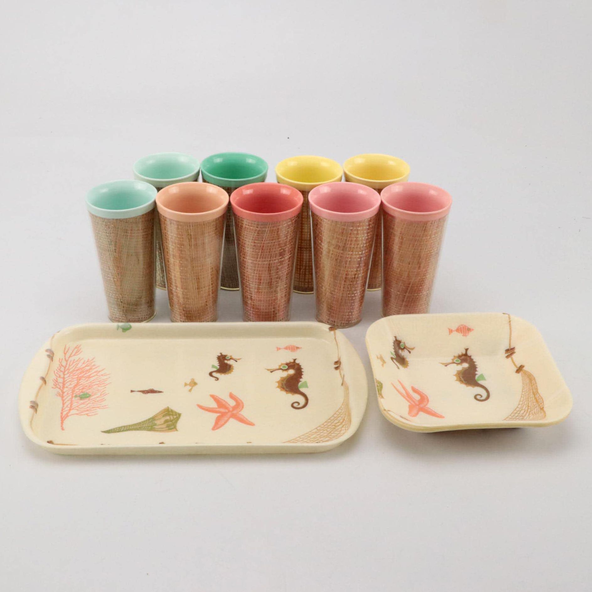 William Bostick for Eubanks Plastic Trays with Tiki Style Raffia Ware Tumblers