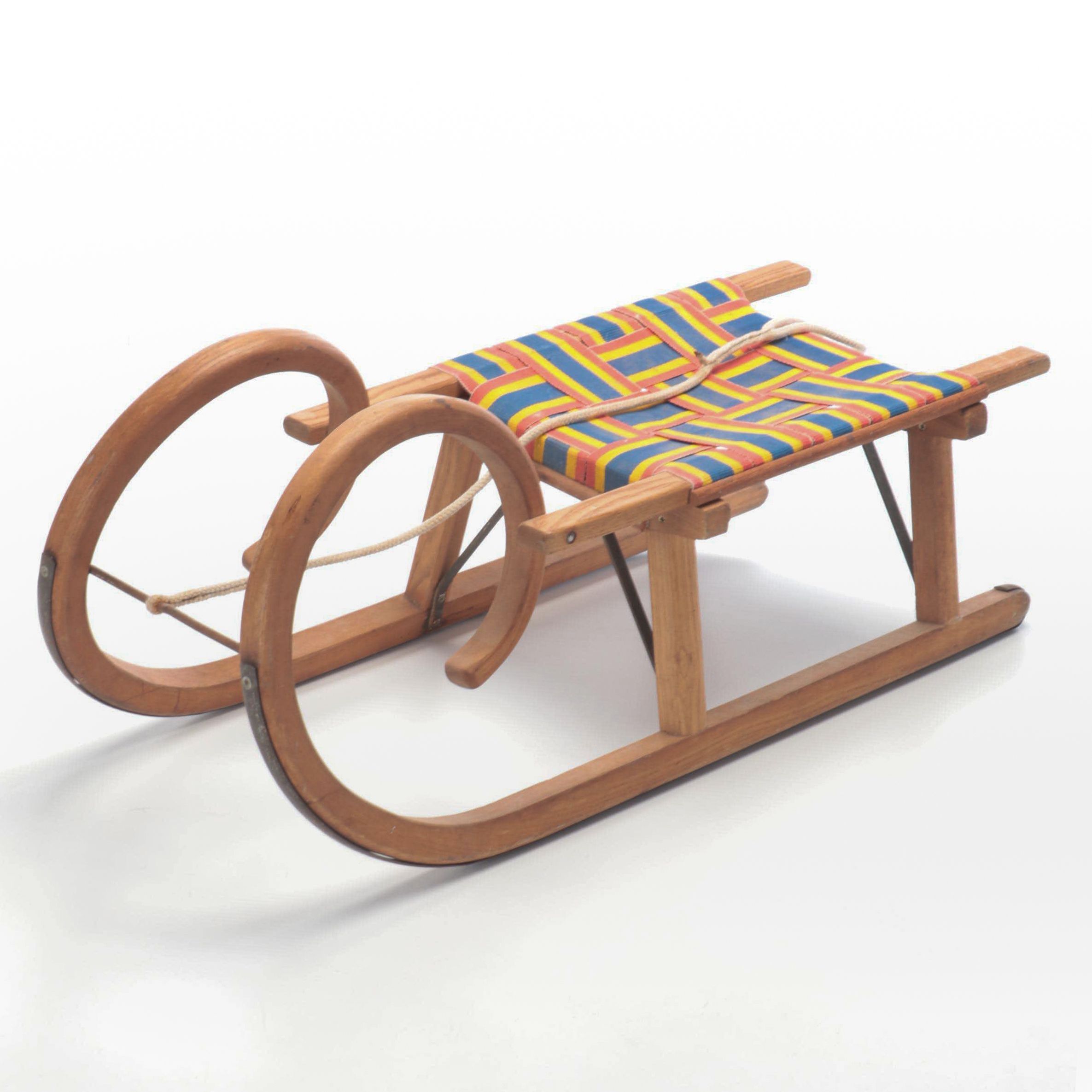Wooden Toboggan Sled with Woven Seat, Mid-20th Century