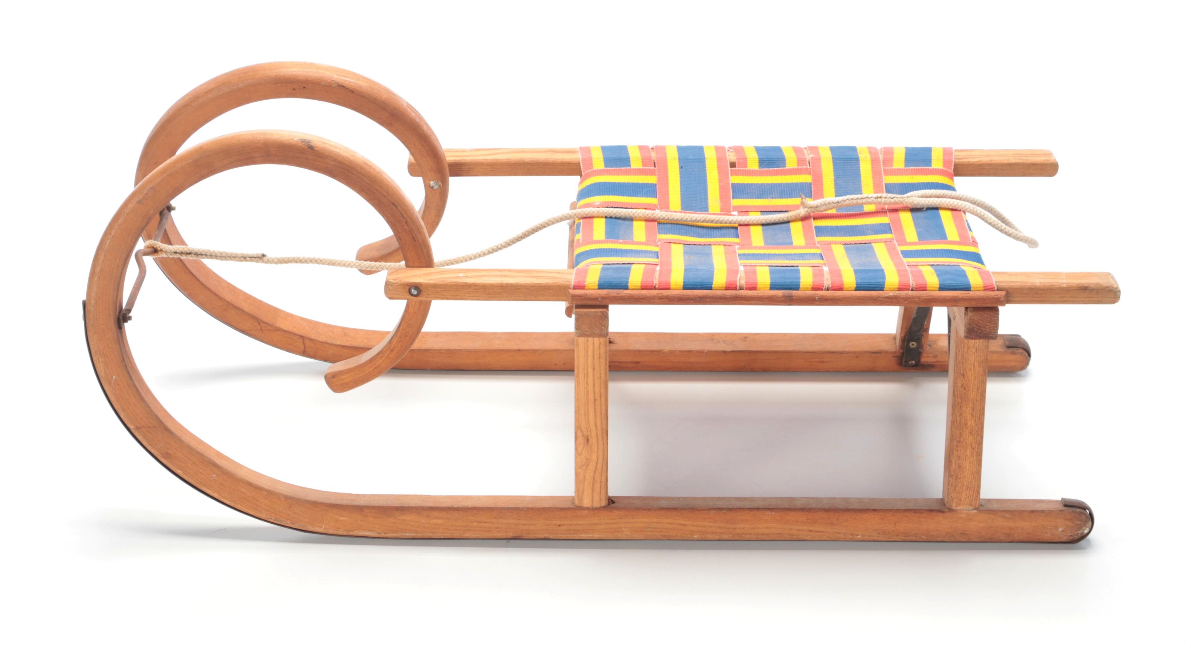 Wooden Toboggan Sled with Woven Seat, Mid-20th Century