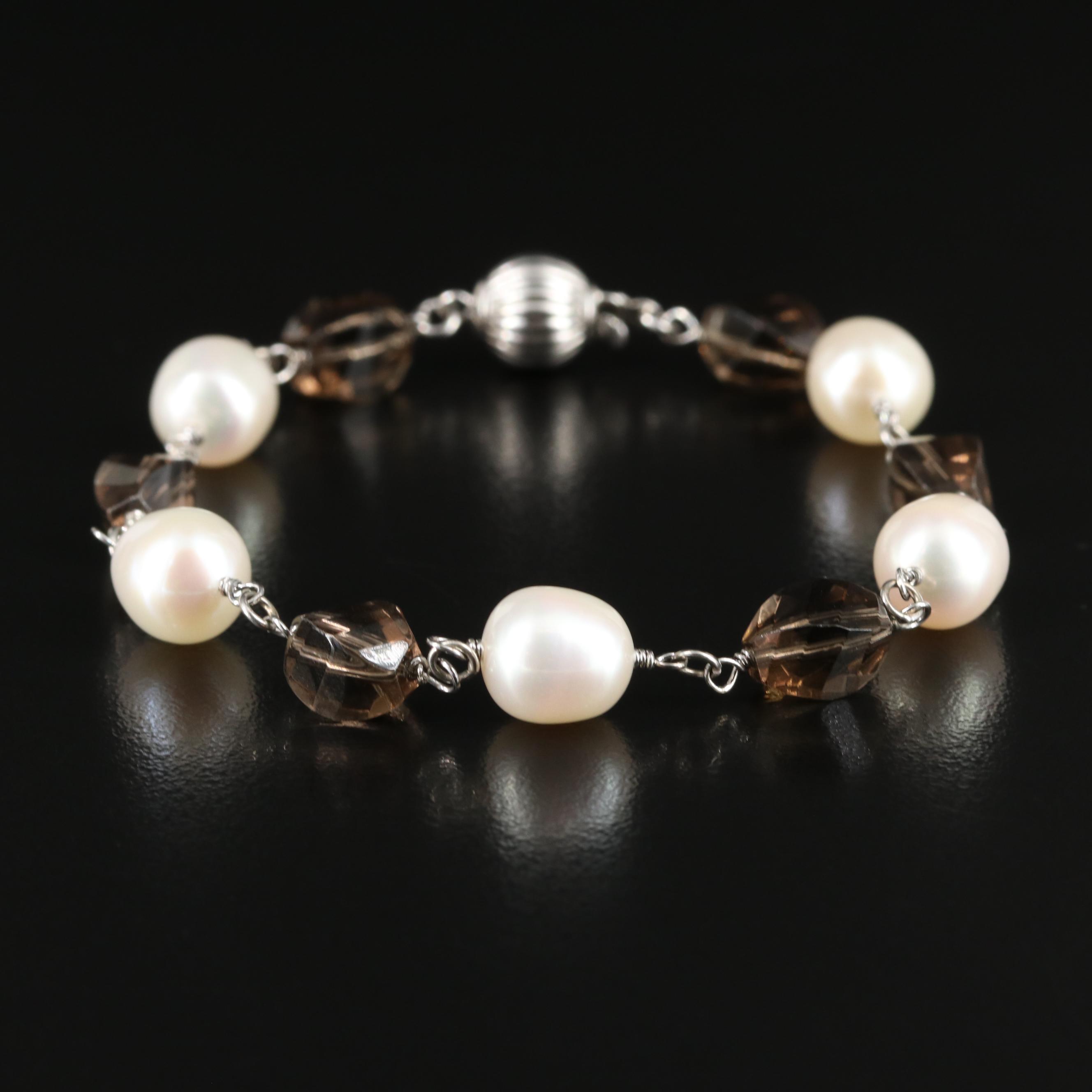 Sterling Pearl and Smoky Quartz Station Bracelet