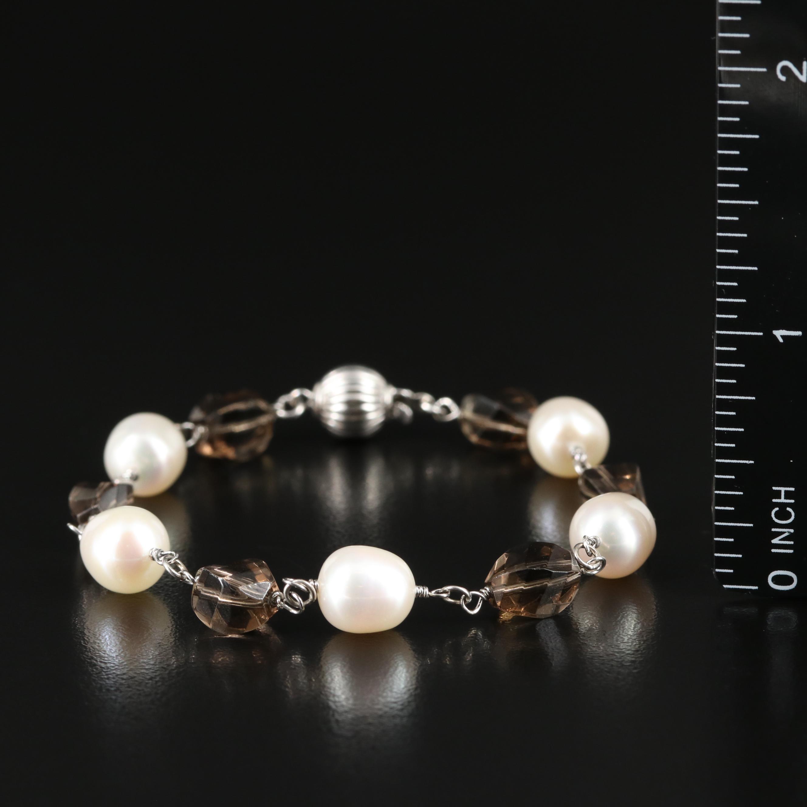 Sterling Pearl and Smoky Quartz Station Bracelet