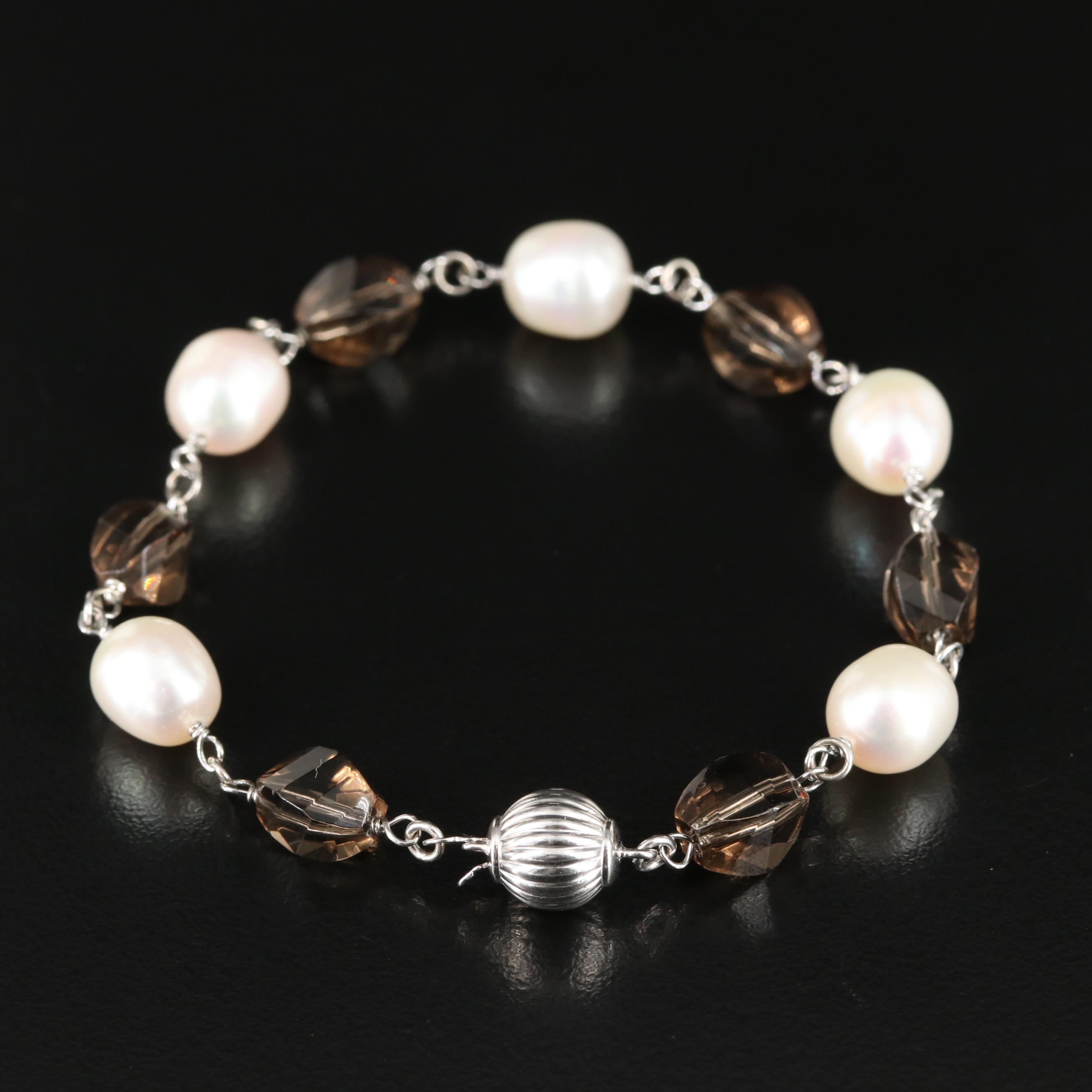 Sterling Pearl and Smoky Quartz Station Bracelet