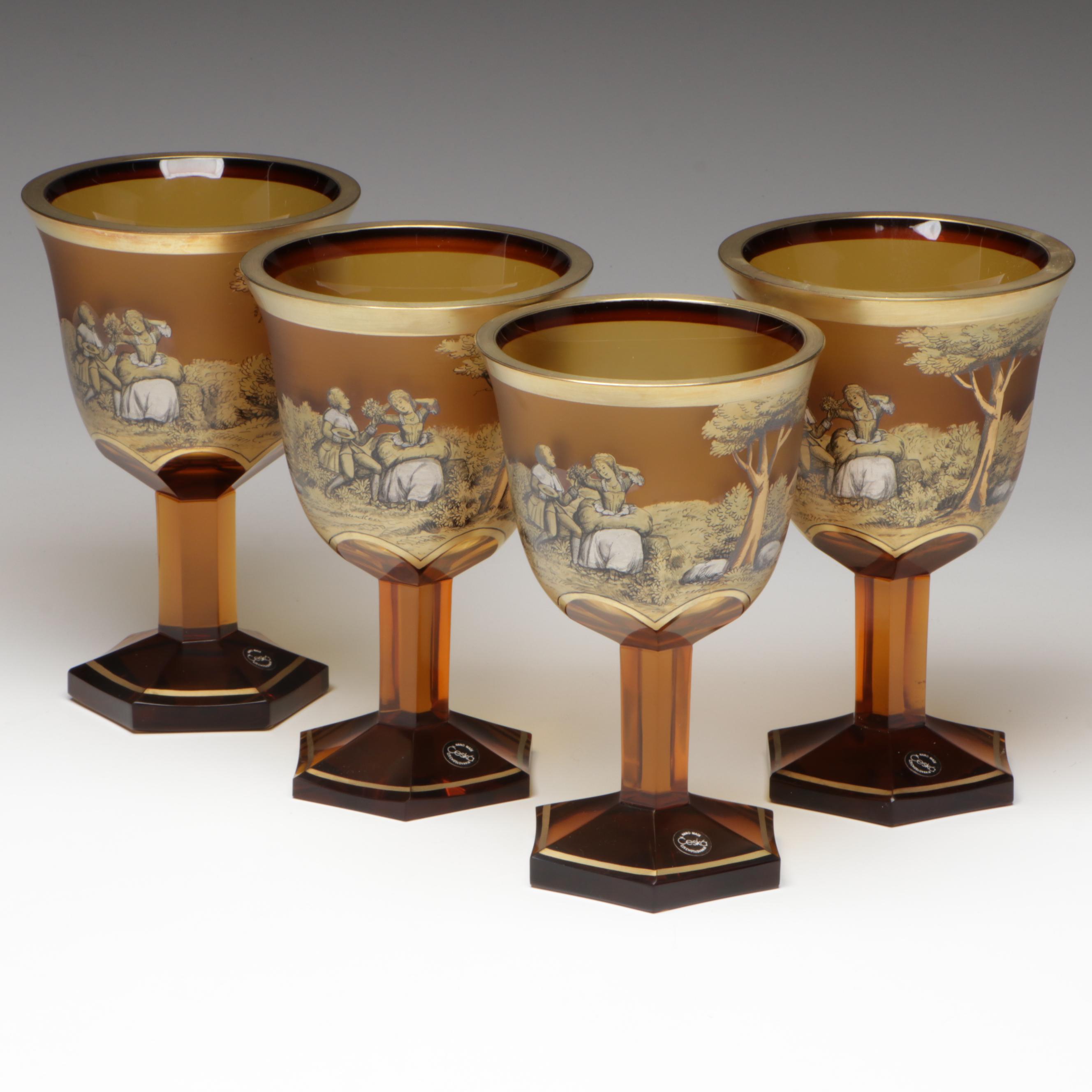 Crystalex Borocrystal Bohemian Style Amber Glass Goblets, Late 20th C