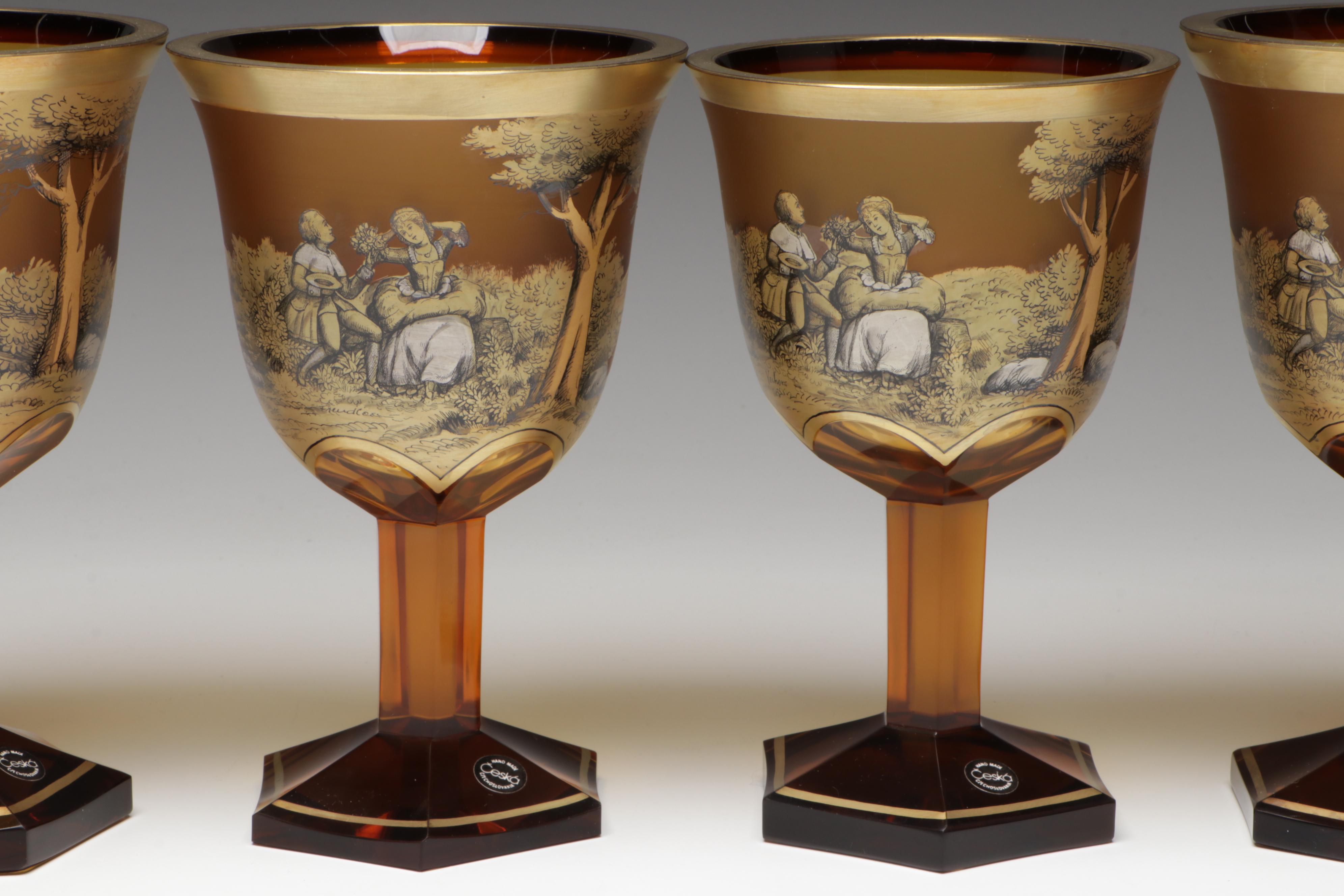 Crystalex Borocrystal Bohemian Style Amber Glass Goblets, Late 20th C