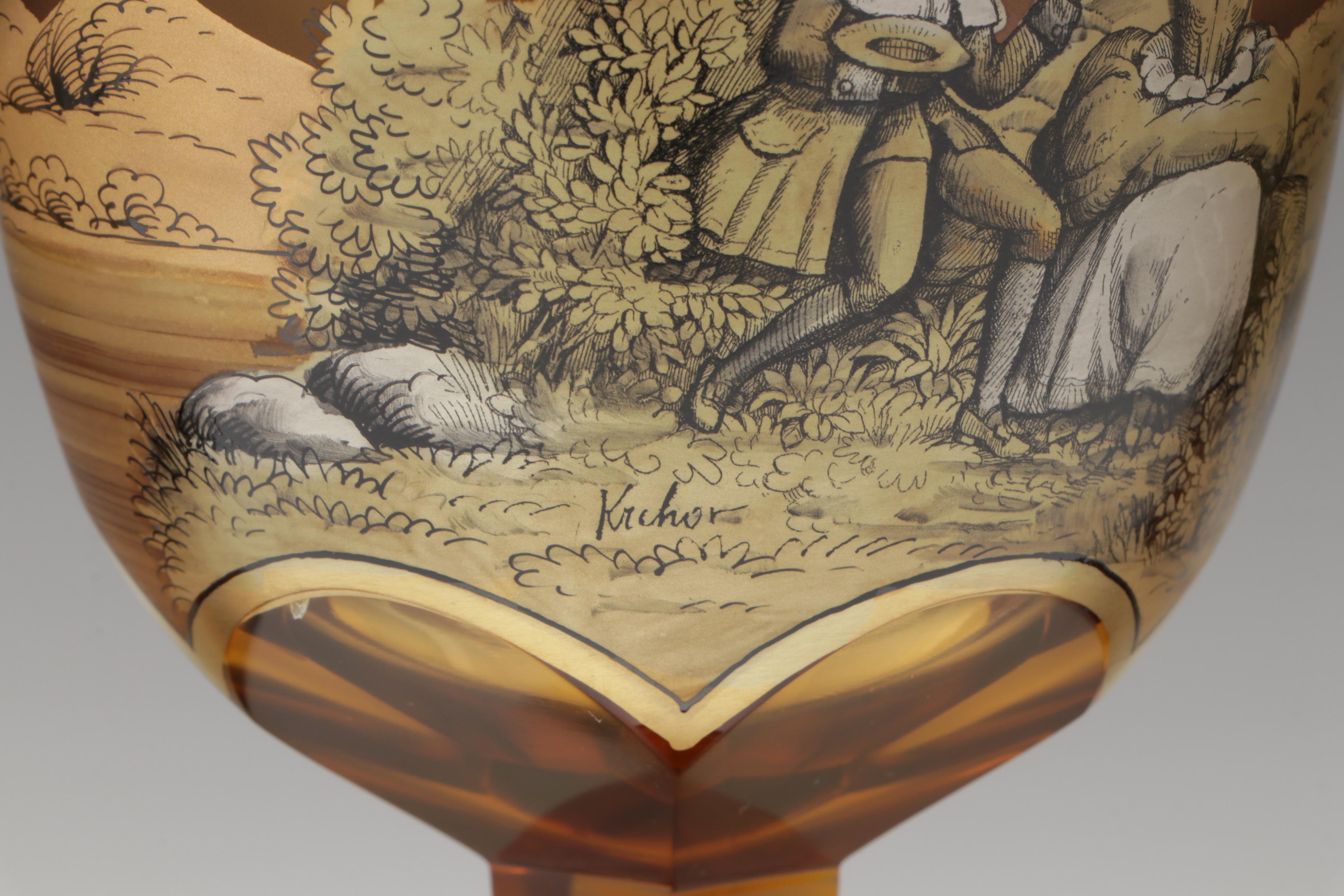 Crystalex Borocrystal Bohemian Style Amber Glass Goblets, Late 20th C